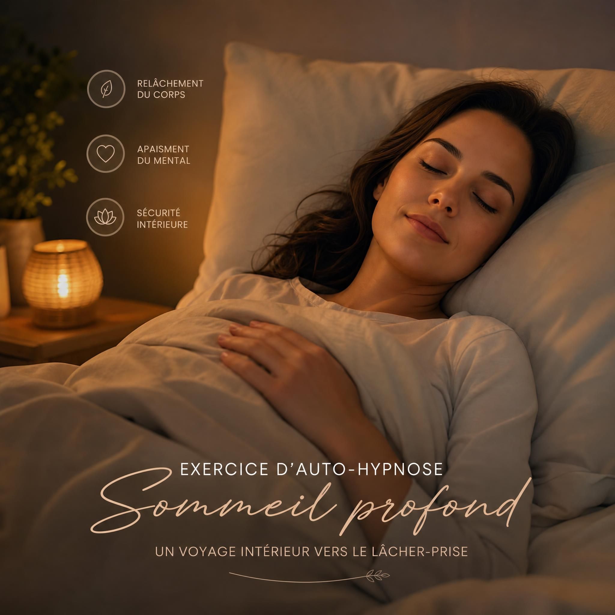 Femme allongée dans un lit douillet, yeux fermés, expression de paix profonde, lumière tamisée et chaude, ambiance de lâcher-prise et de sécurité intérieure — exercice auto-hypnose sommeil