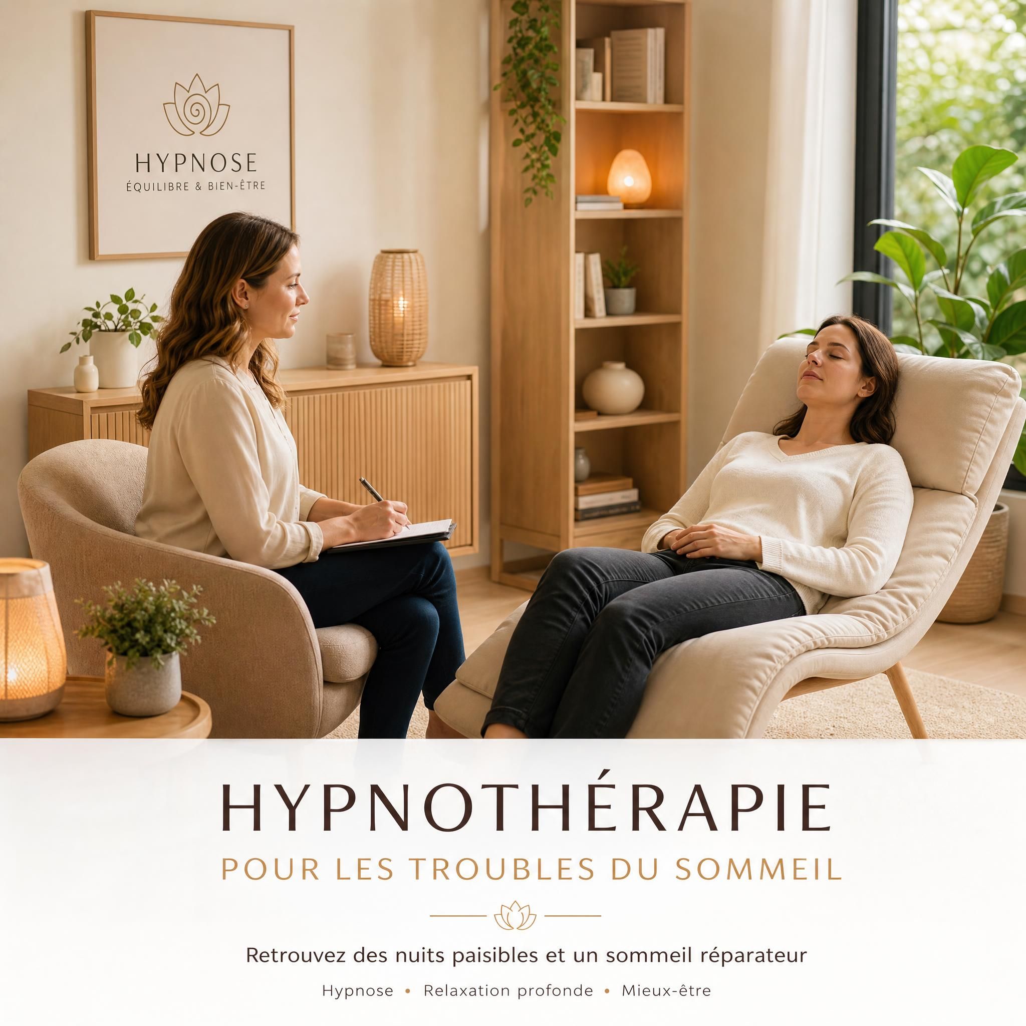 Praticienne en hypnose dans un cabinet moderne et chaleureux aux tons beige et bois clair, accompagnant une cliente en état de détente profonde, lumière naturelle douce — séance d'hypnothérapie pour troubles du sommeil