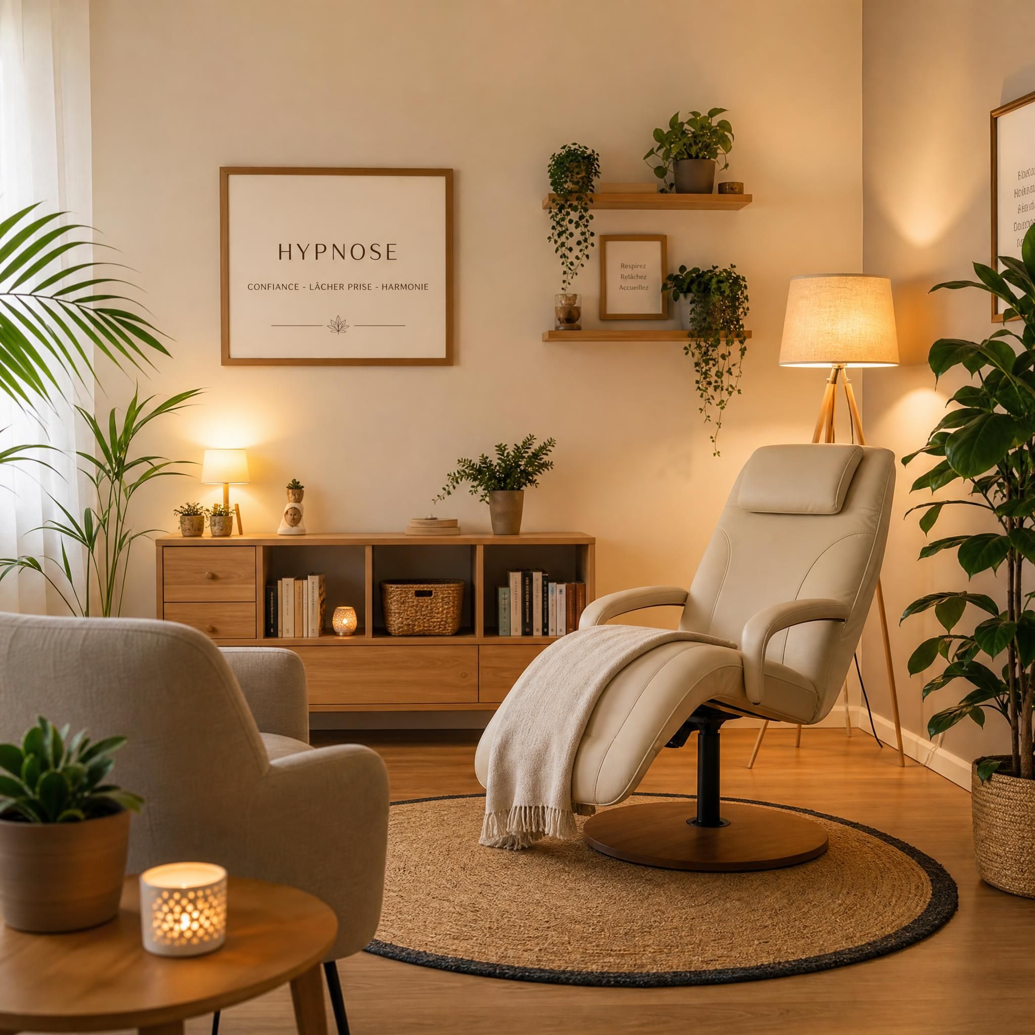 Vue d'ensemble d'un cabinet d'hypnose chaleureux, fauteuil confortable, plantes vertes, lumière tamisée, atmosphère de sécurité et de bienveillance, tons beige et bois clair