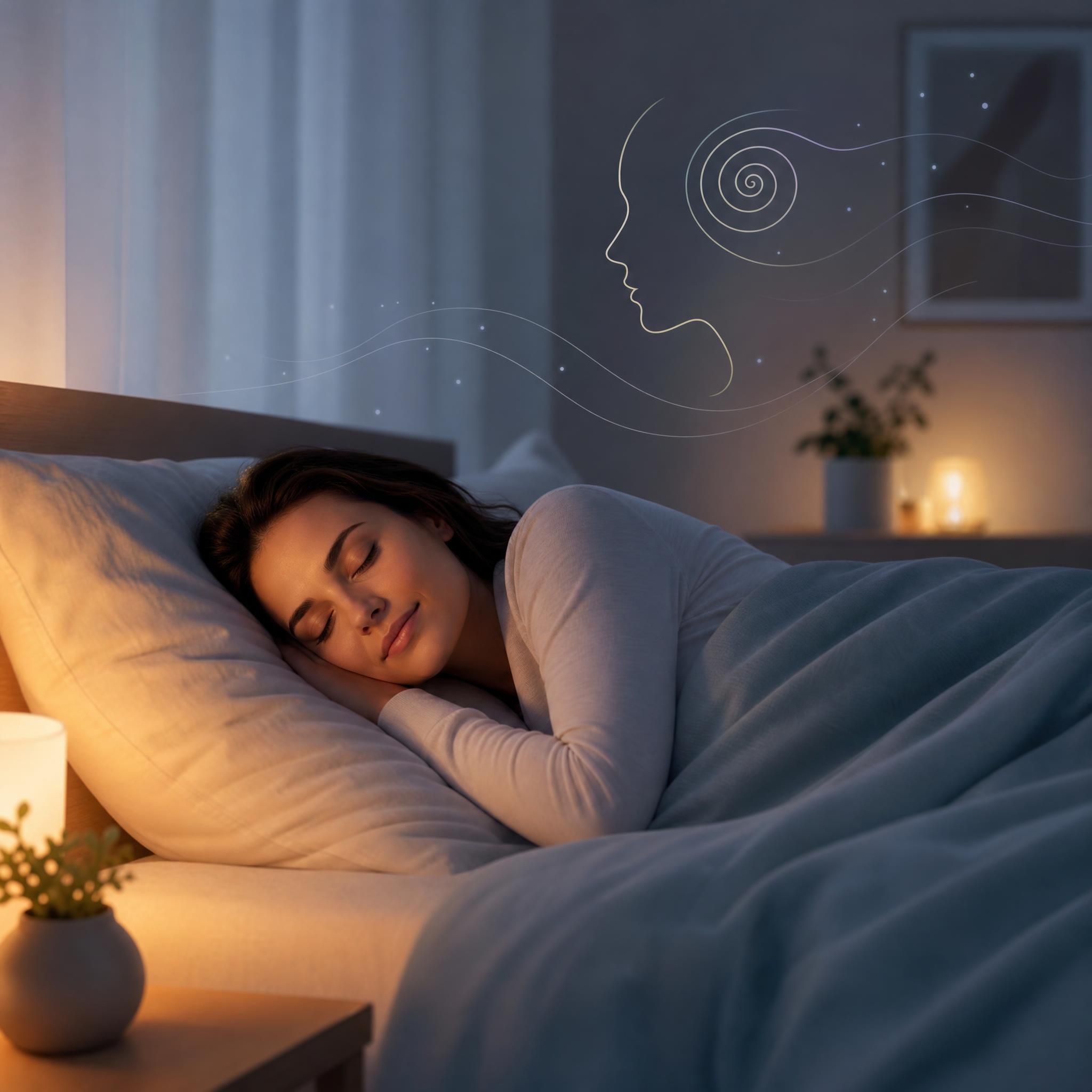 Femme qui s'endort paisiblement dans une chambre tamisée, lumière douce et apaisante, draps doux, ambiance sereine et bienveillante — illustration pour article hypnose troubles du sommeil