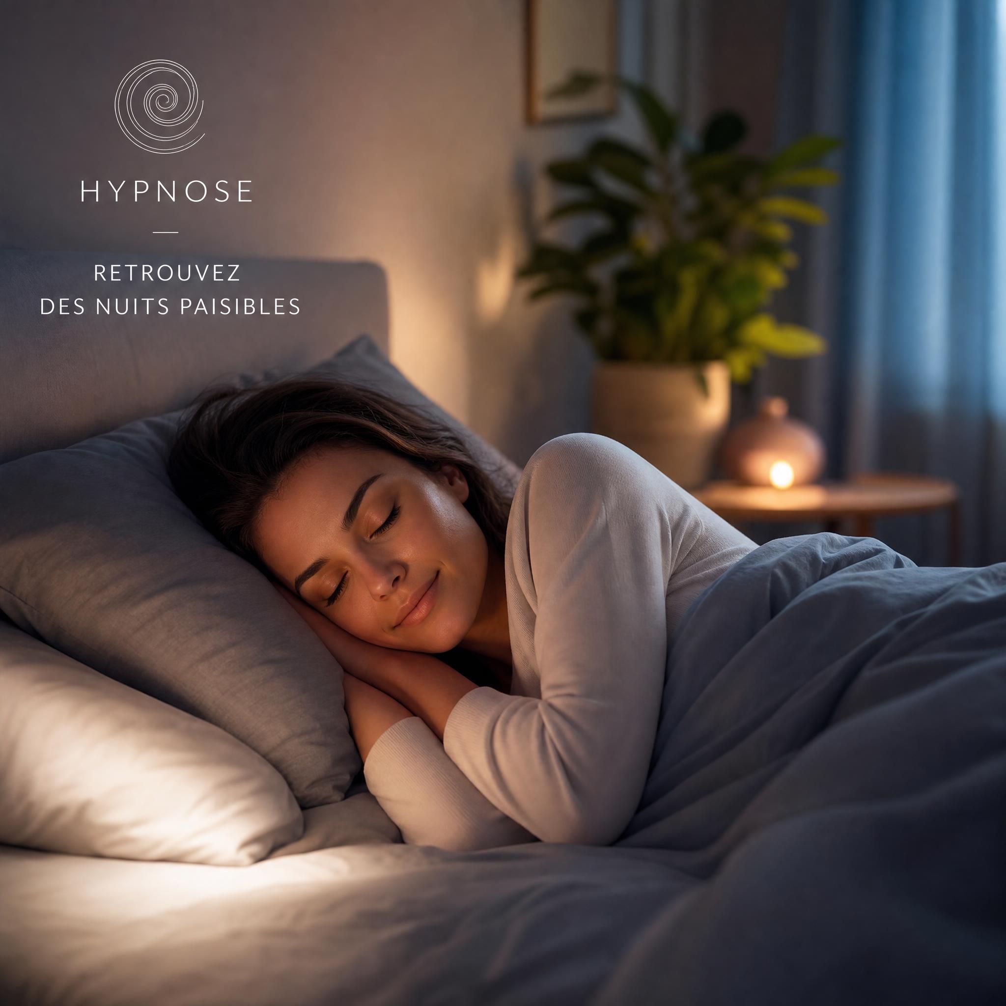 Femme s'endormant paisiblement dans une chambre tamisée, draps doux, lumière douce en fond, ambiance apaisante et sécurisante — séance d'hypnose troubles du sommeil