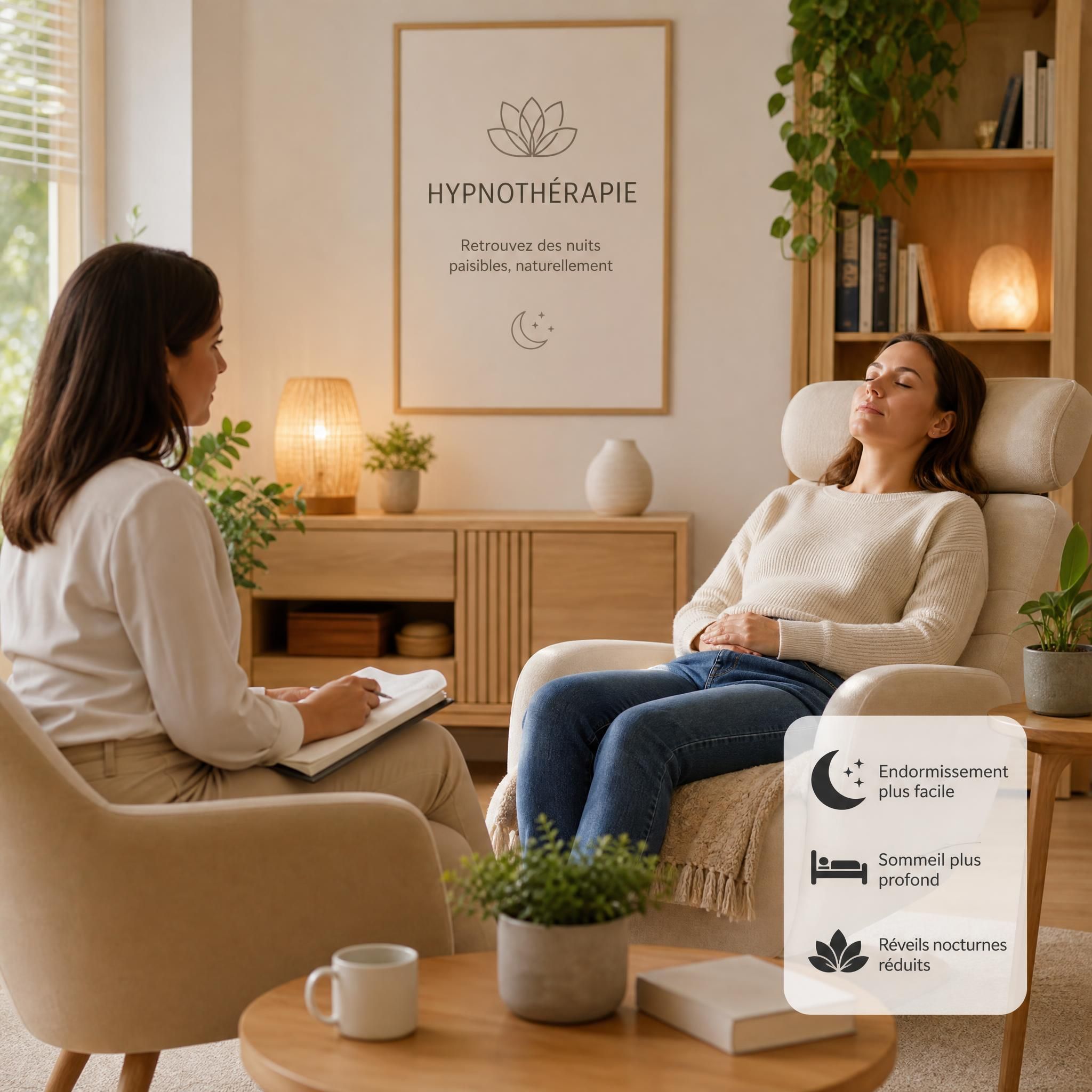Hypnothérapeute et client(e) en séance dans un cabinet moderne et chaleureux, tons beige et bois clair, plantes vertes, lumière naturelle douce — accompagnement hypnose troubles du sommeil