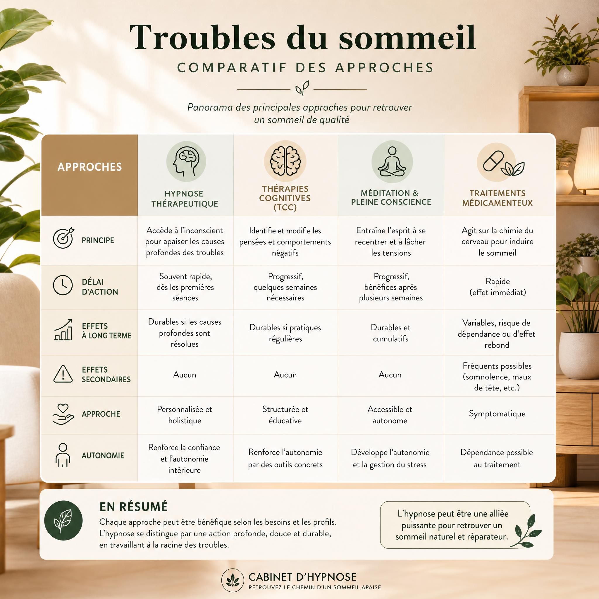 Tableau comparatif illustré des approches pour les troubles du sommeil — cabinet d'hypnose moderne et chaleureux, tons beige et bois clair, plantes vertes