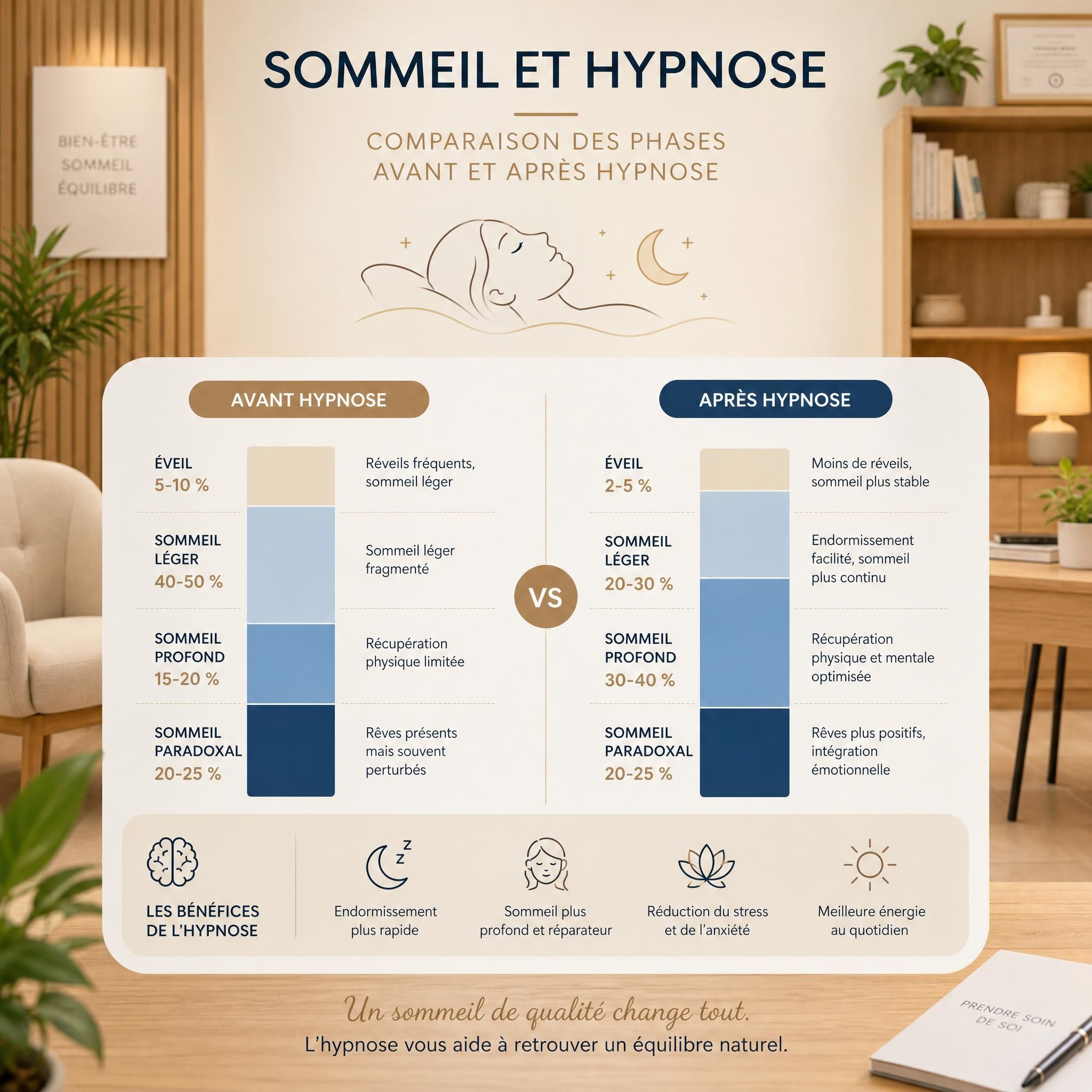 Graphique illustratif comparant les phases de sommeil avant et après hypnose, ambiance cabinet médical moderne et chaleureux, tons beige et bois clair