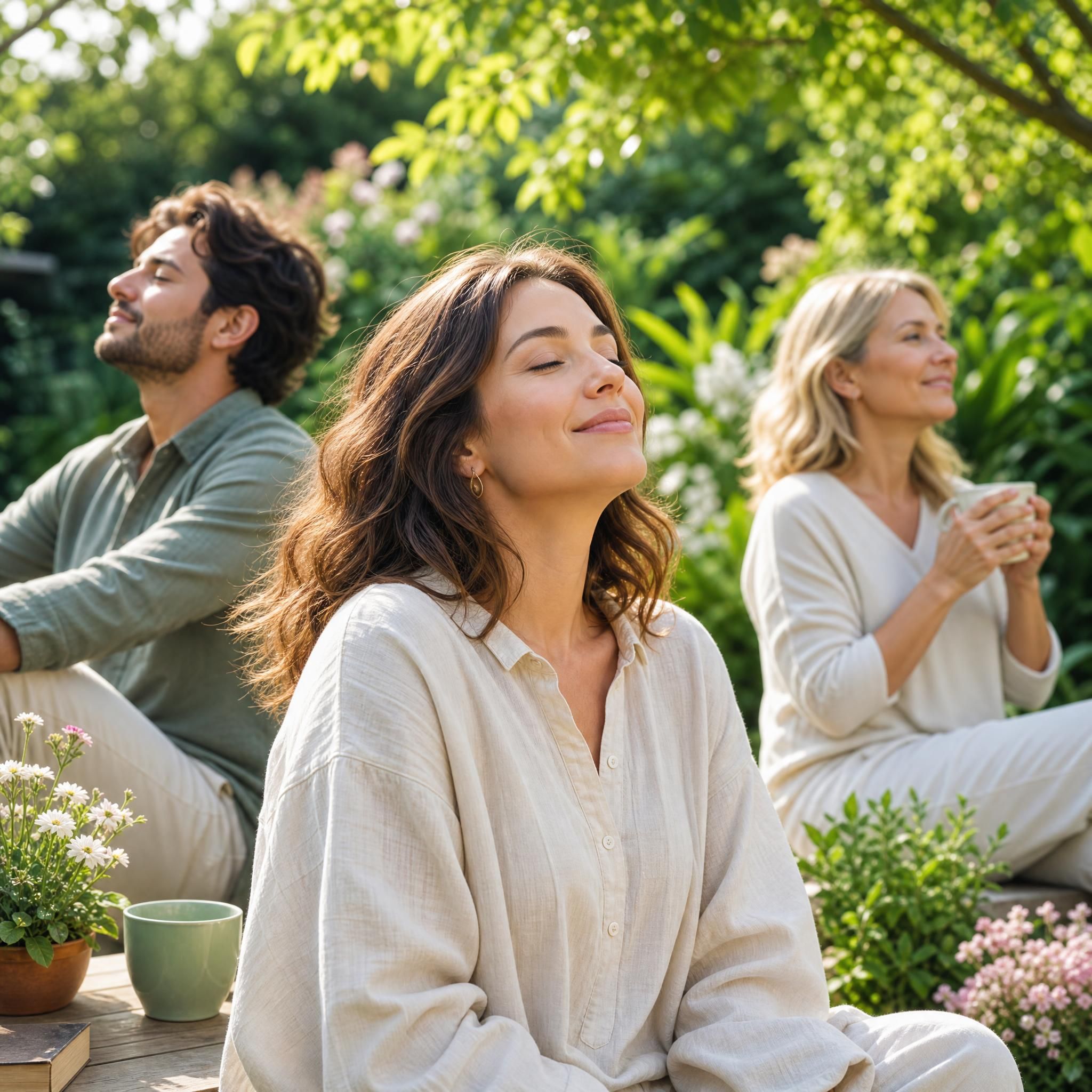 trois personnes dans des moments de sérénité retrouvée, jardin, lumière naturelle, expressions apaisées