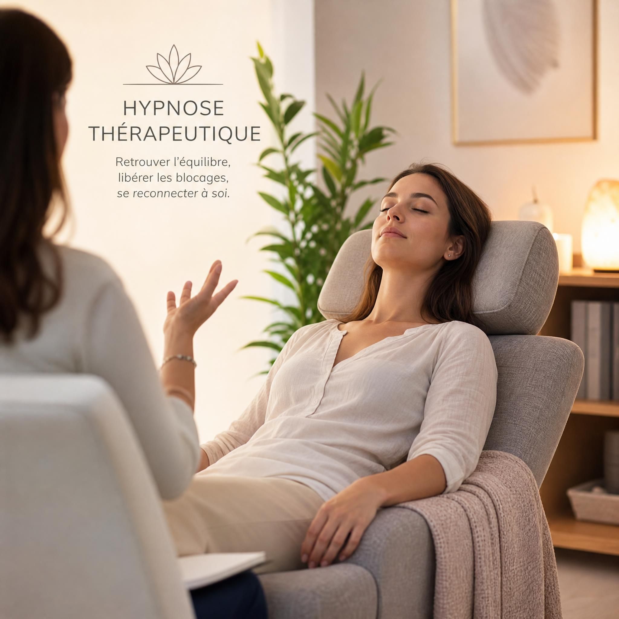 Femme sereine en séance d'hypnose thérapeutique, lumière douce, ambiance apaisante corps-esprit