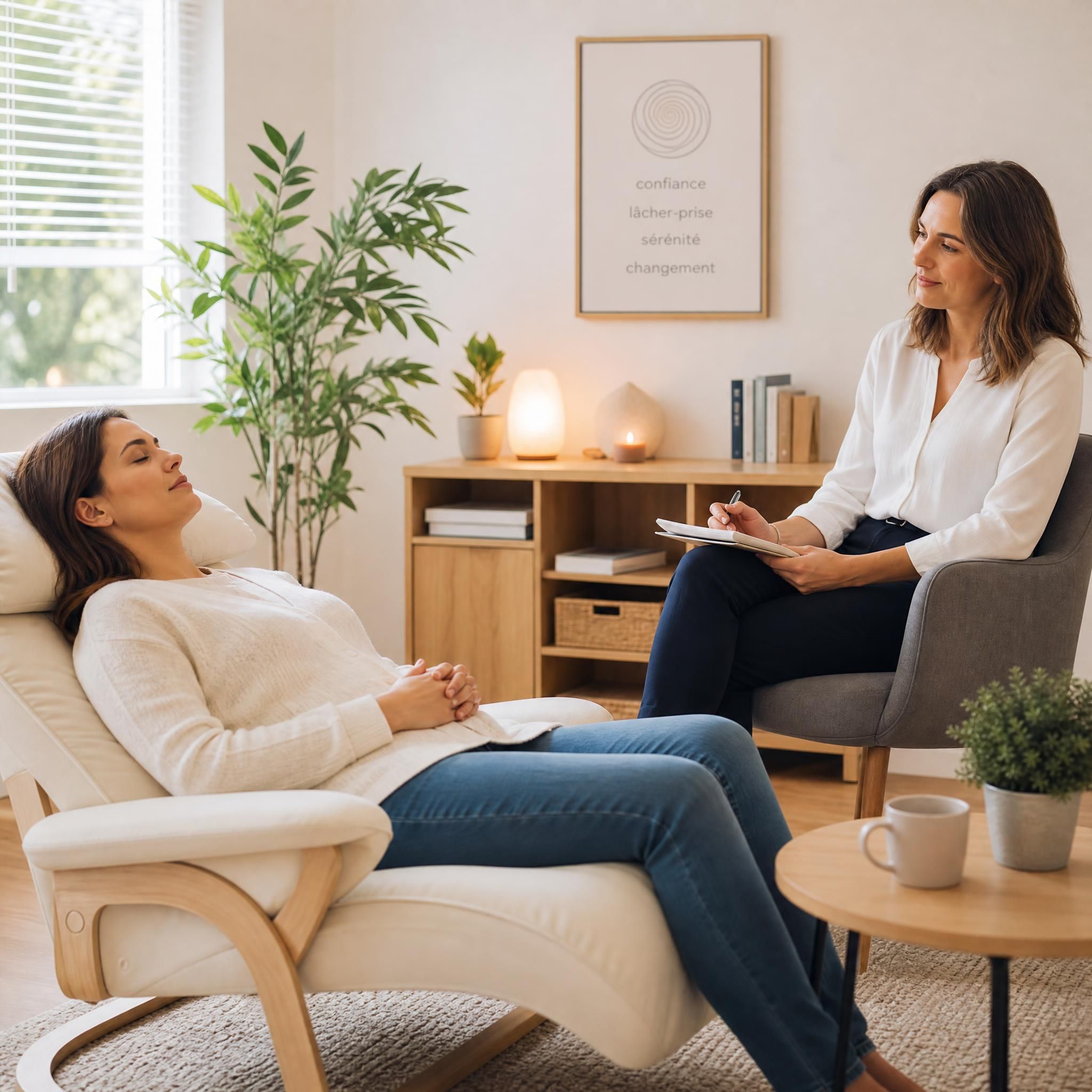 hypnothérapeute et patient en séance, atmosphère chaleureuse et sécurisante, bureau lumineux et épuré