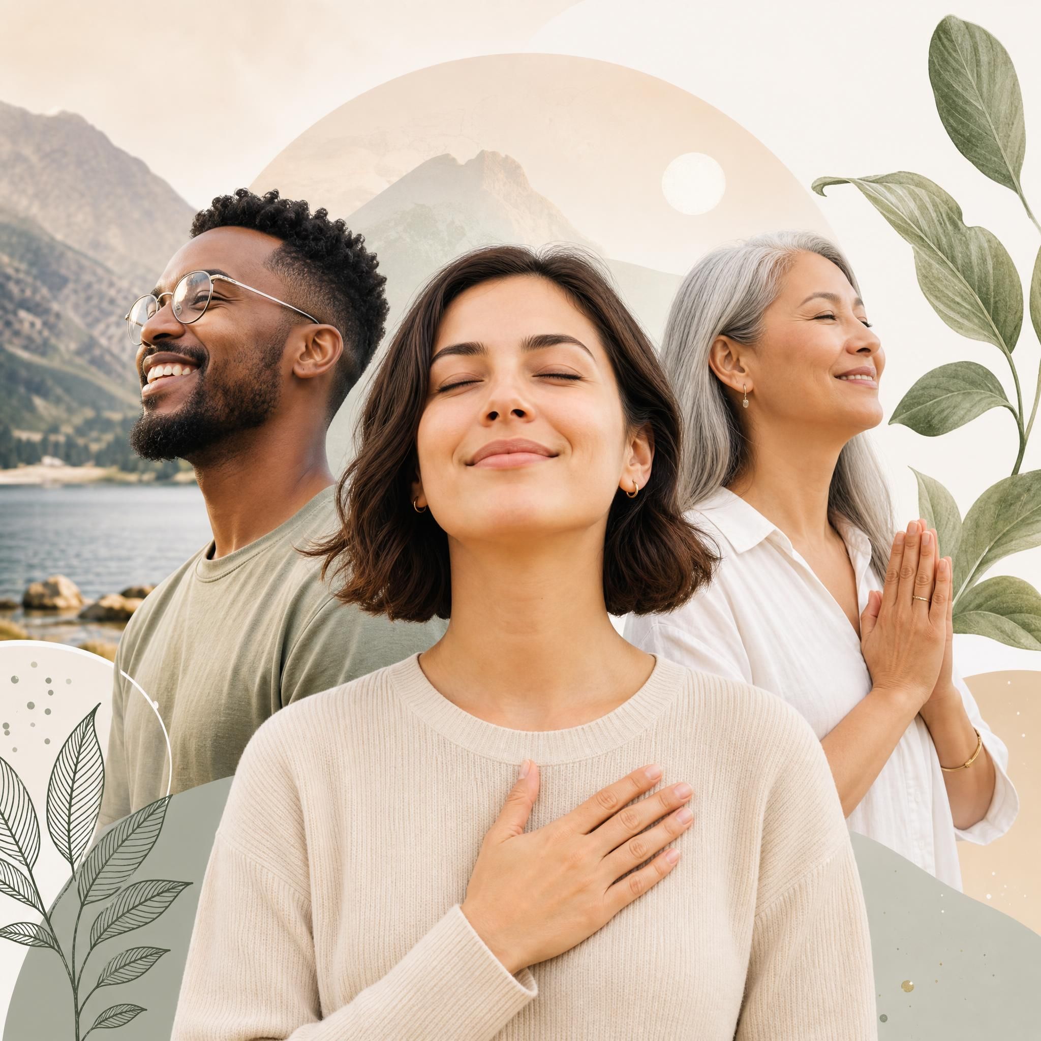 Trois personnes différentes en état de bien-être et sérénité, diversité de profils, atmosphère de transformation intérieure