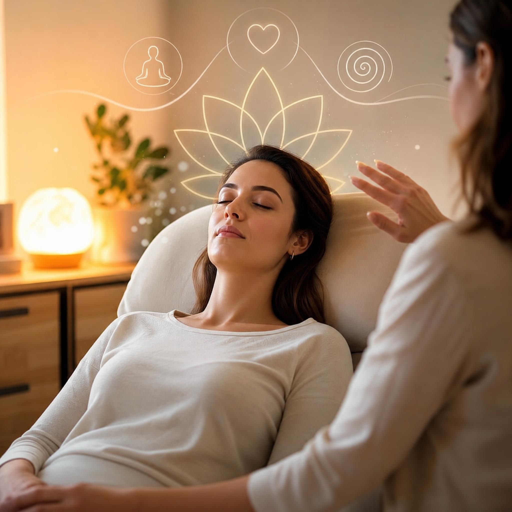 Femme en état de relaxation profonde lors d'une séance d'hypnose thérapeutique, lumière douce et apaisante, approche corps-esprit-énergie