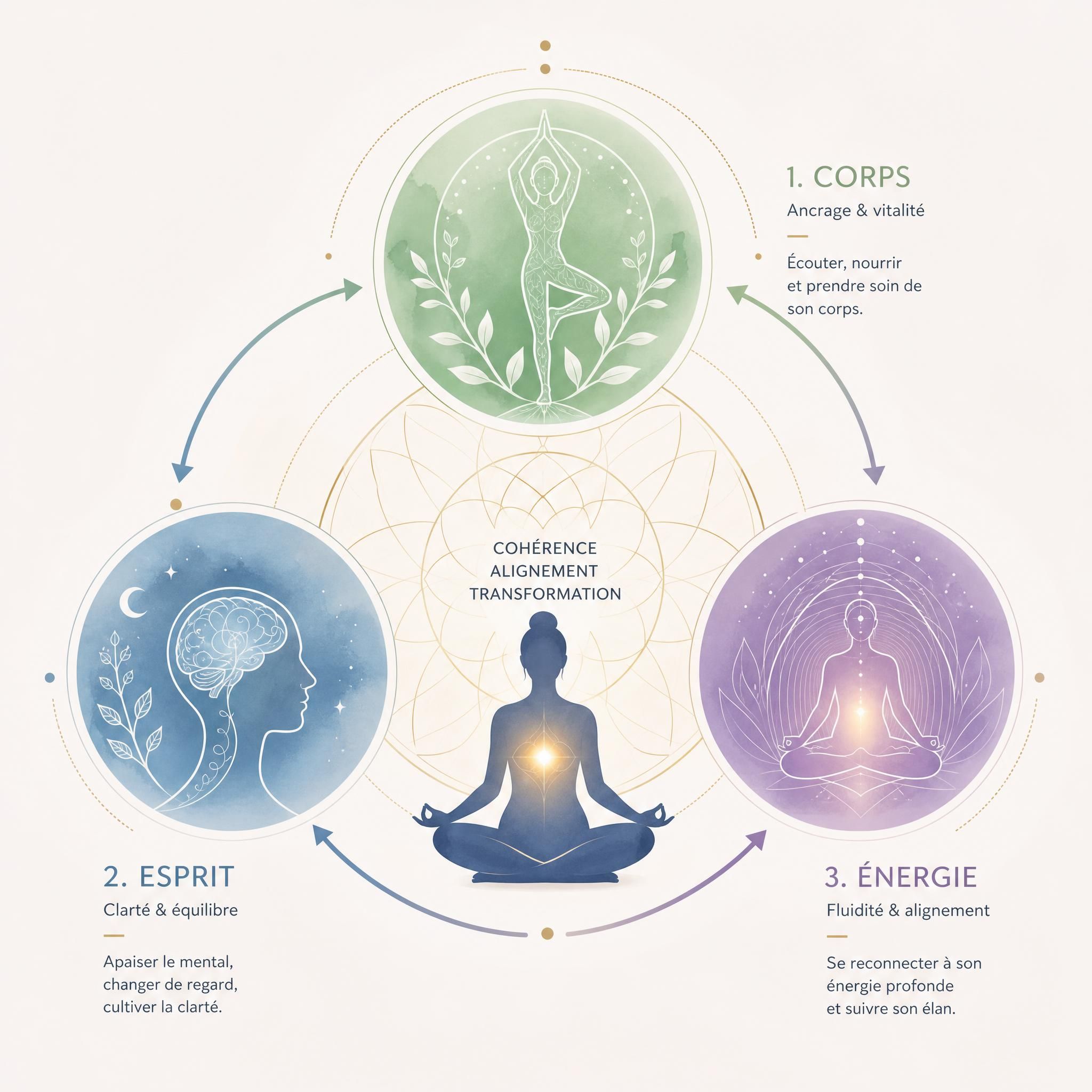 Représentation symbolique des trois étapes Corps-Esprit-Énergie, mandala ou illustration abstraite évoquant la transformation intérieure et la cohérence