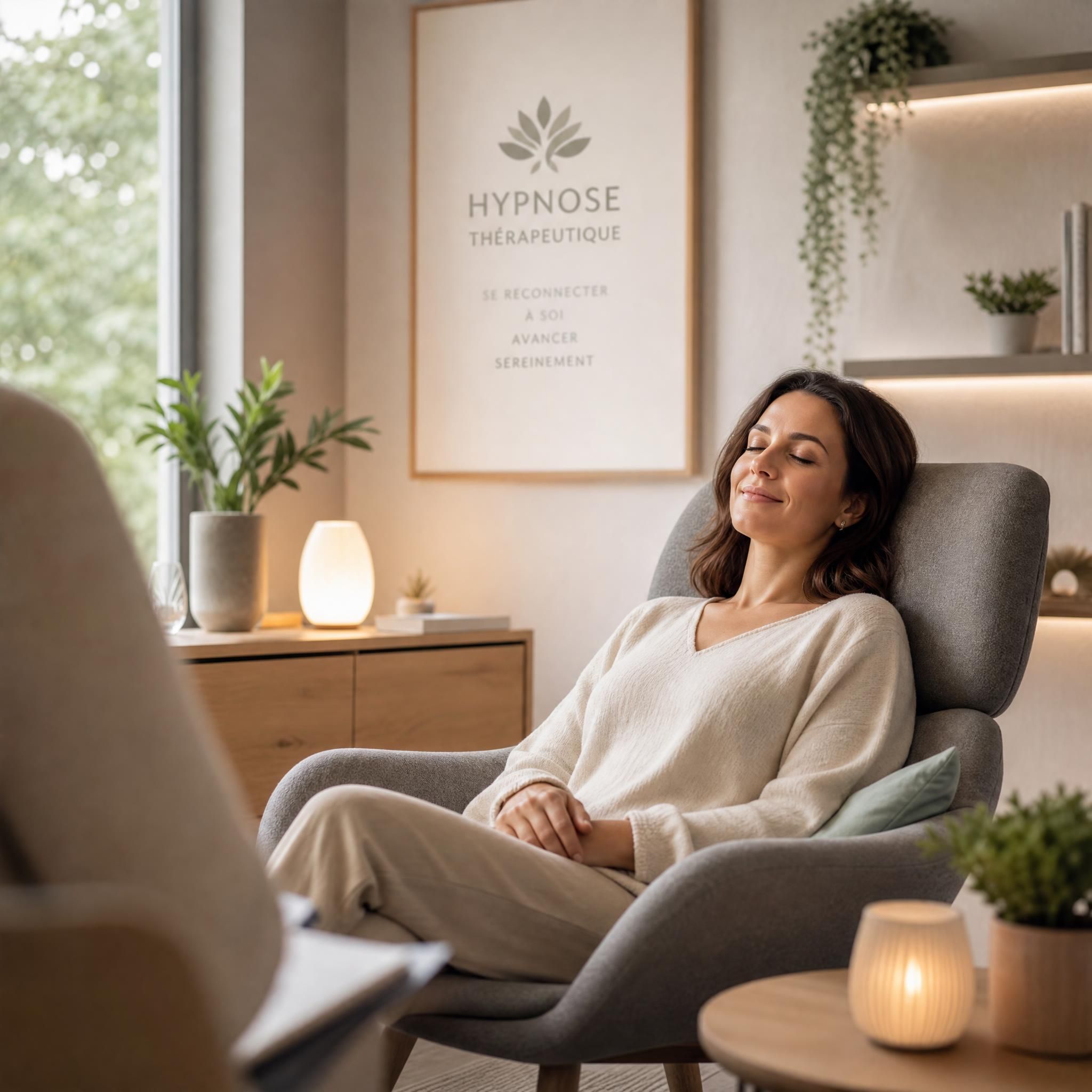 Personne sereine après une séance d'hypnose thérapeutique, lumière apaisante, espace sécurisé et bienveillant