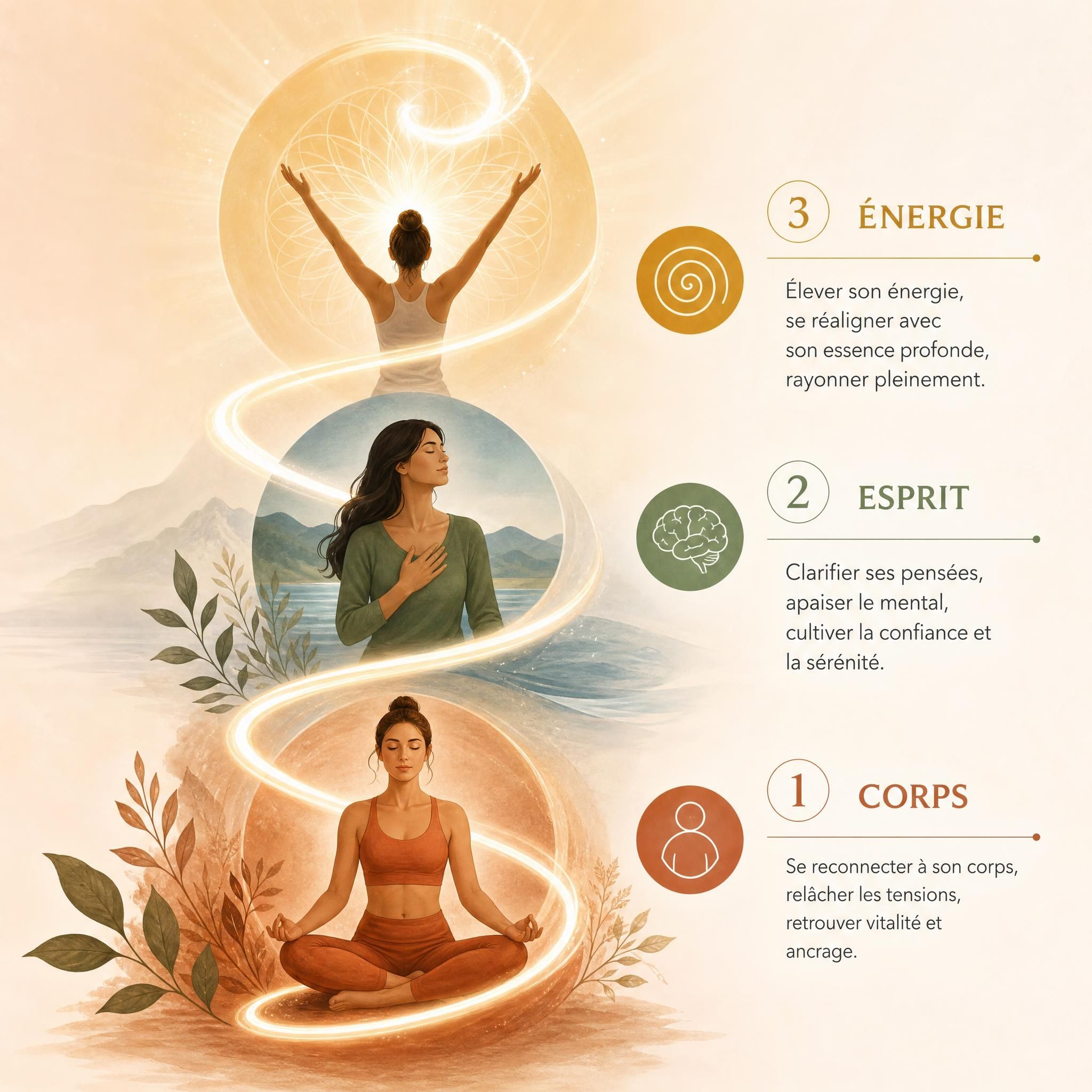 Représentation symbolique des 3 étapes corps-esprit-énergie, spirale de transformation intérieure, tons chauds et apaisants
