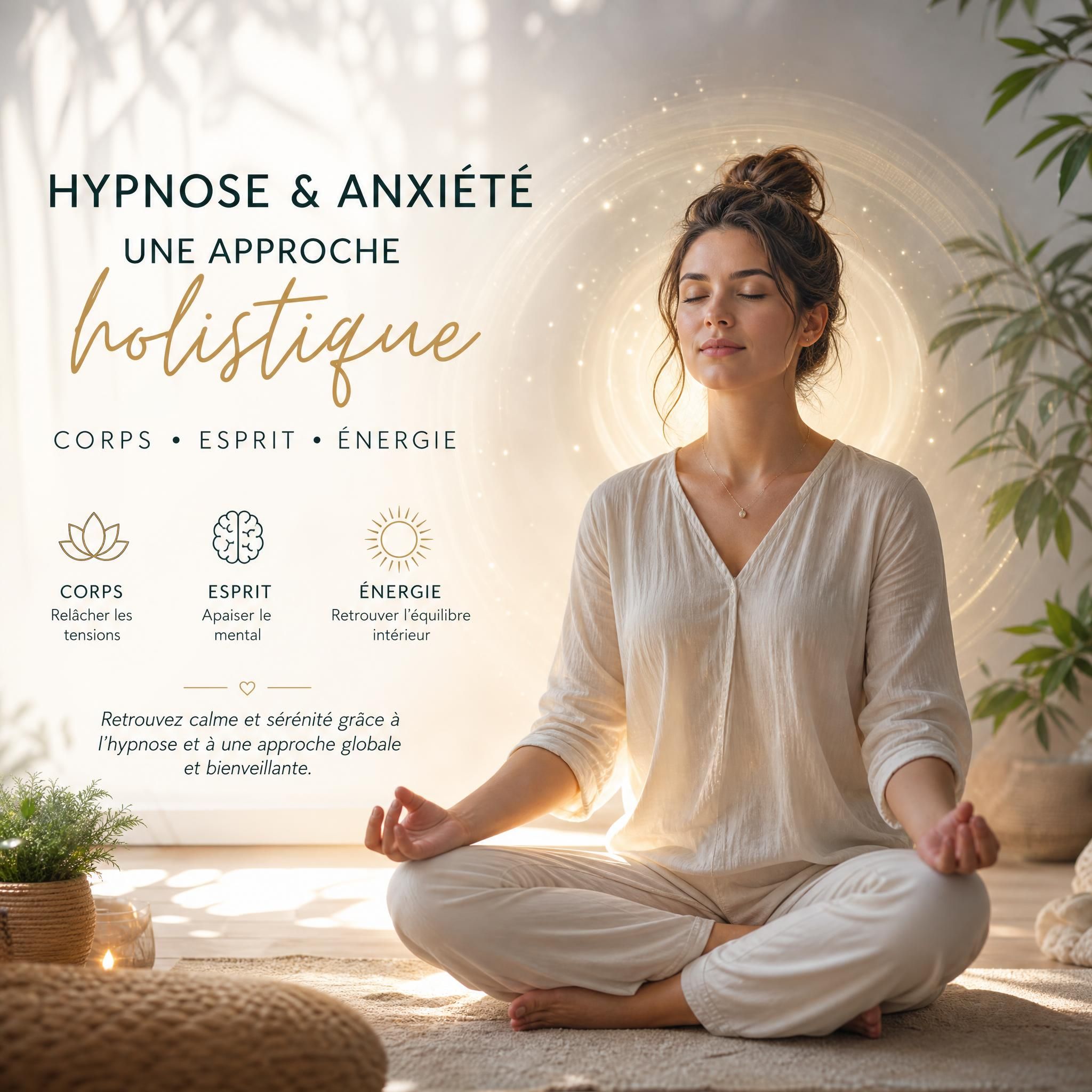 Femme assise en paix, les yeux fermés, entourée de lumière douce — hypnose anxiété approche holistique corps esprit énergie