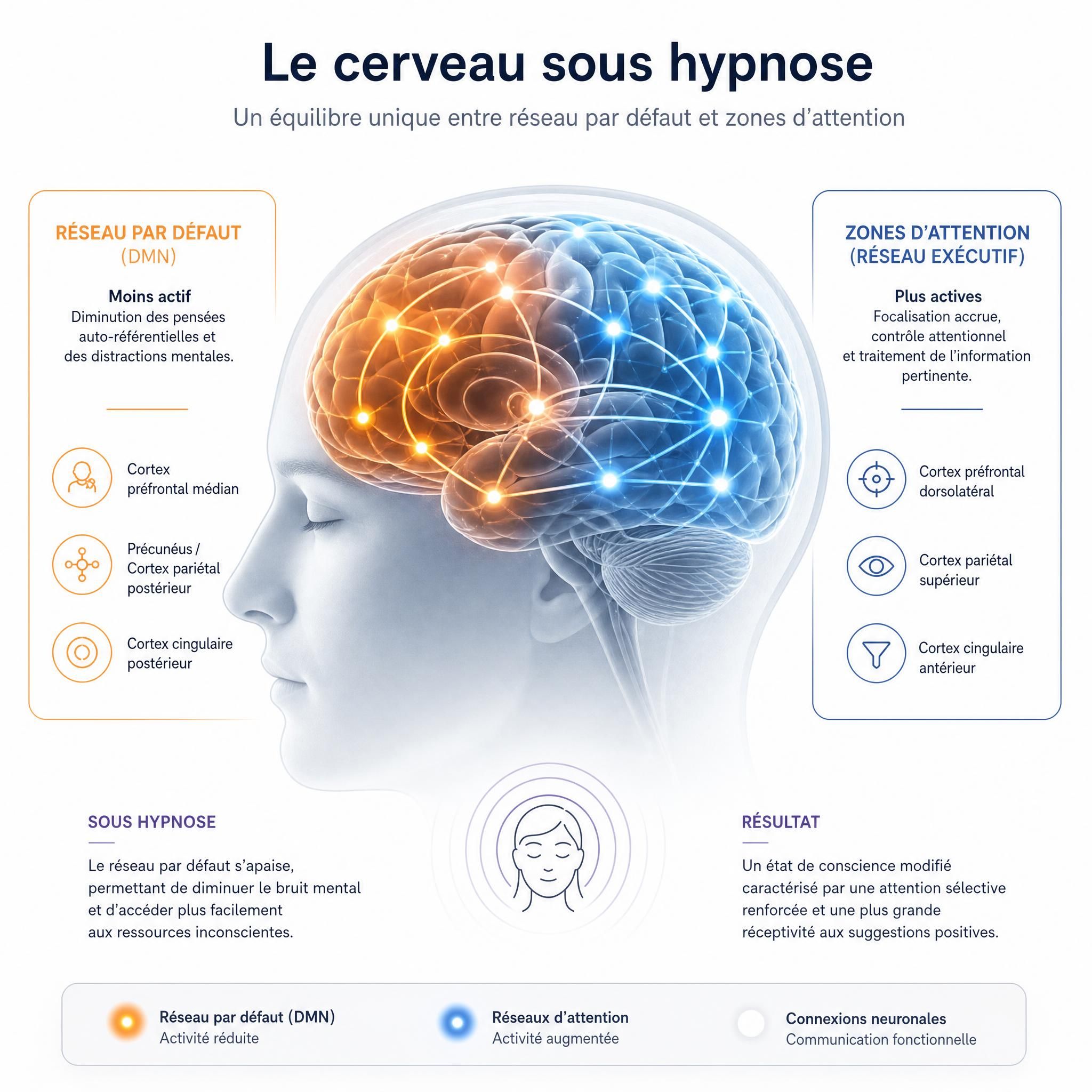 illustration schématique du cerveau sous hypnose, réseau par défaut et zones d'attention, style médical moderne