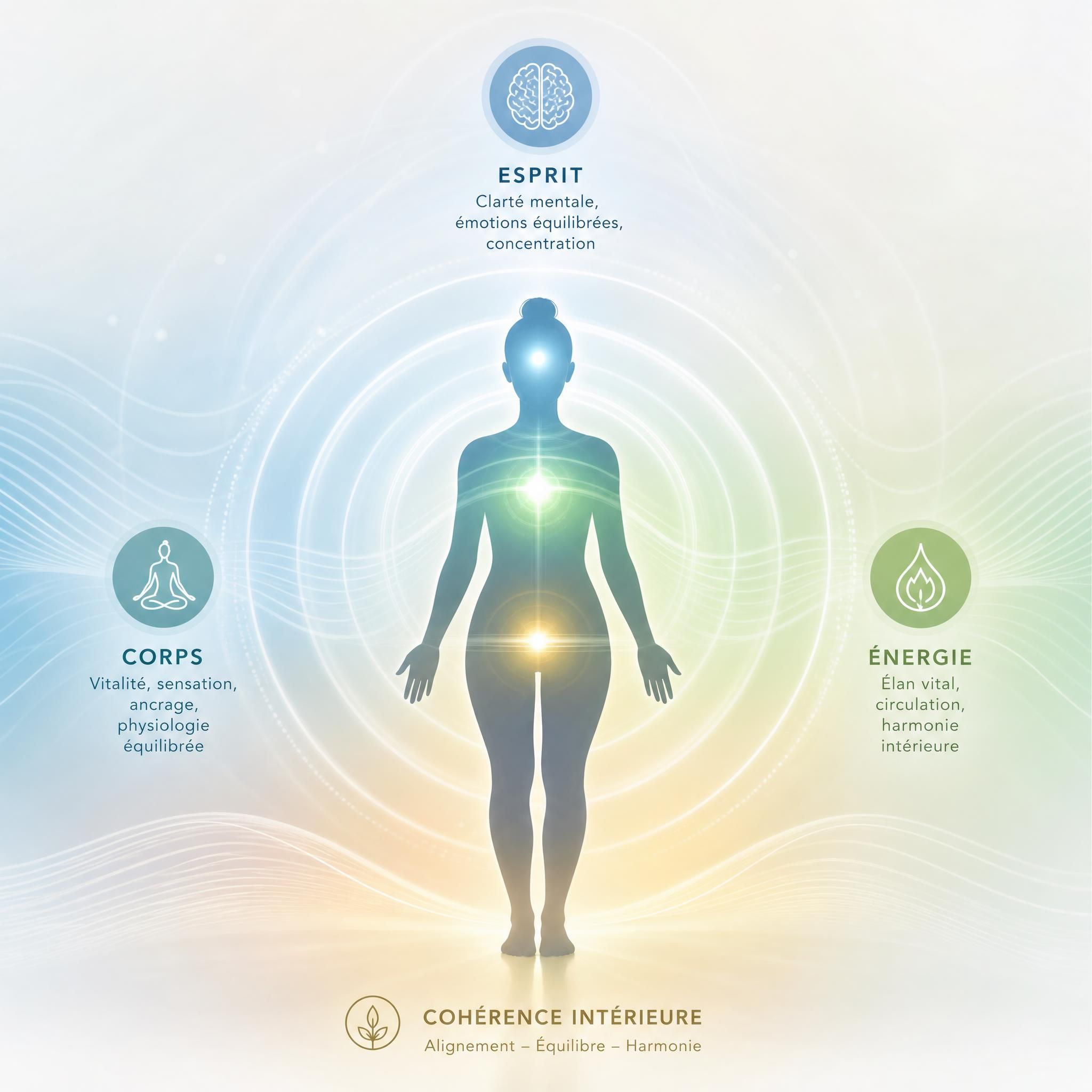 Représentation symbolique des trois dimensions corps-esprit-énergie, avec une silhouette humaine entourée d'ondes lumineuses douces, évoquant la cohérence intérieure et la régulation holistique