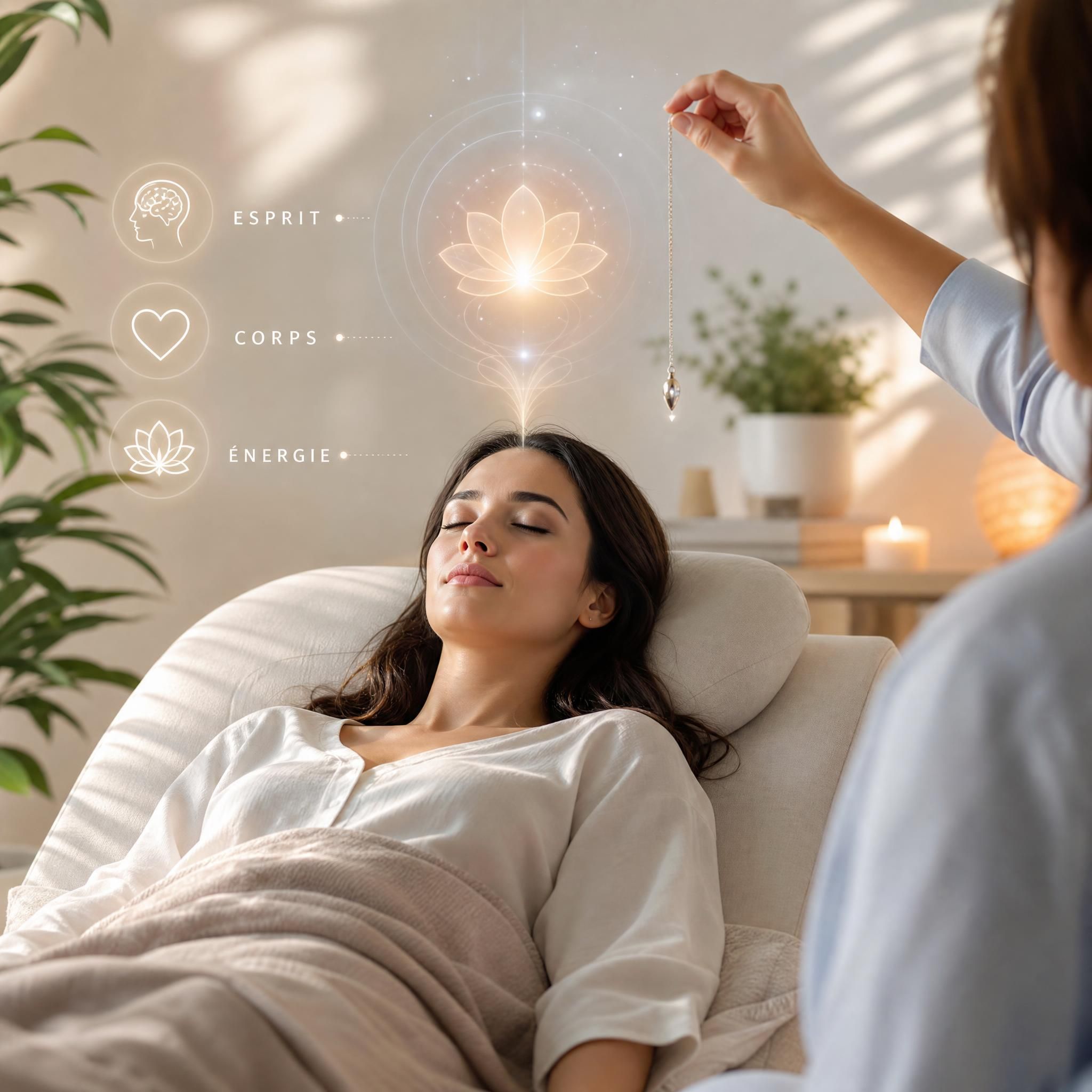 Femme en état de relaxation profonde lors d'une séance d'hypnose thérapeutique, lumière douce et apaisante, approche holistique corps-esprit-énergie