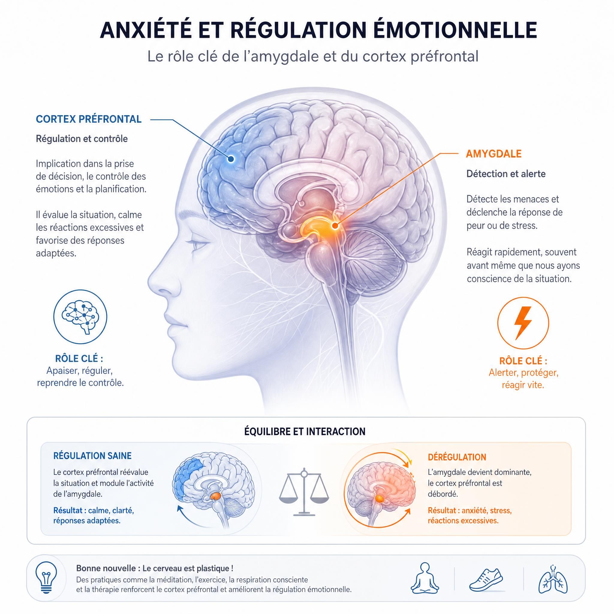 Illustration du système nerveux humain avec zones d'activation de l'amygdale et du cortex préfrontal, représentation neuroscientifique de l'anxiété et de la régulation émotionnelle