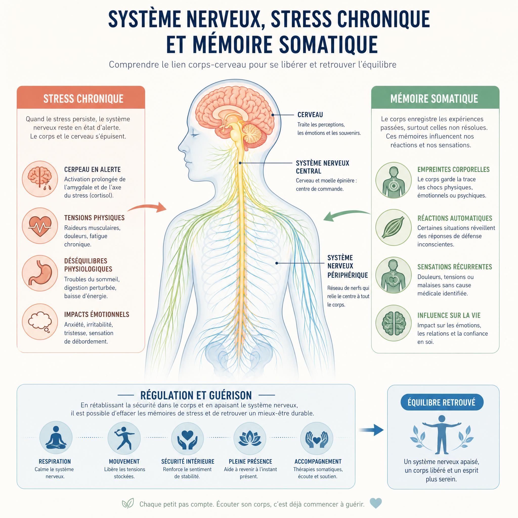 Illustration du système nerveux humain avec représentation du stress chronique et de la mémoire somatique, schéma corps-cerveau en couleurs apaisantes