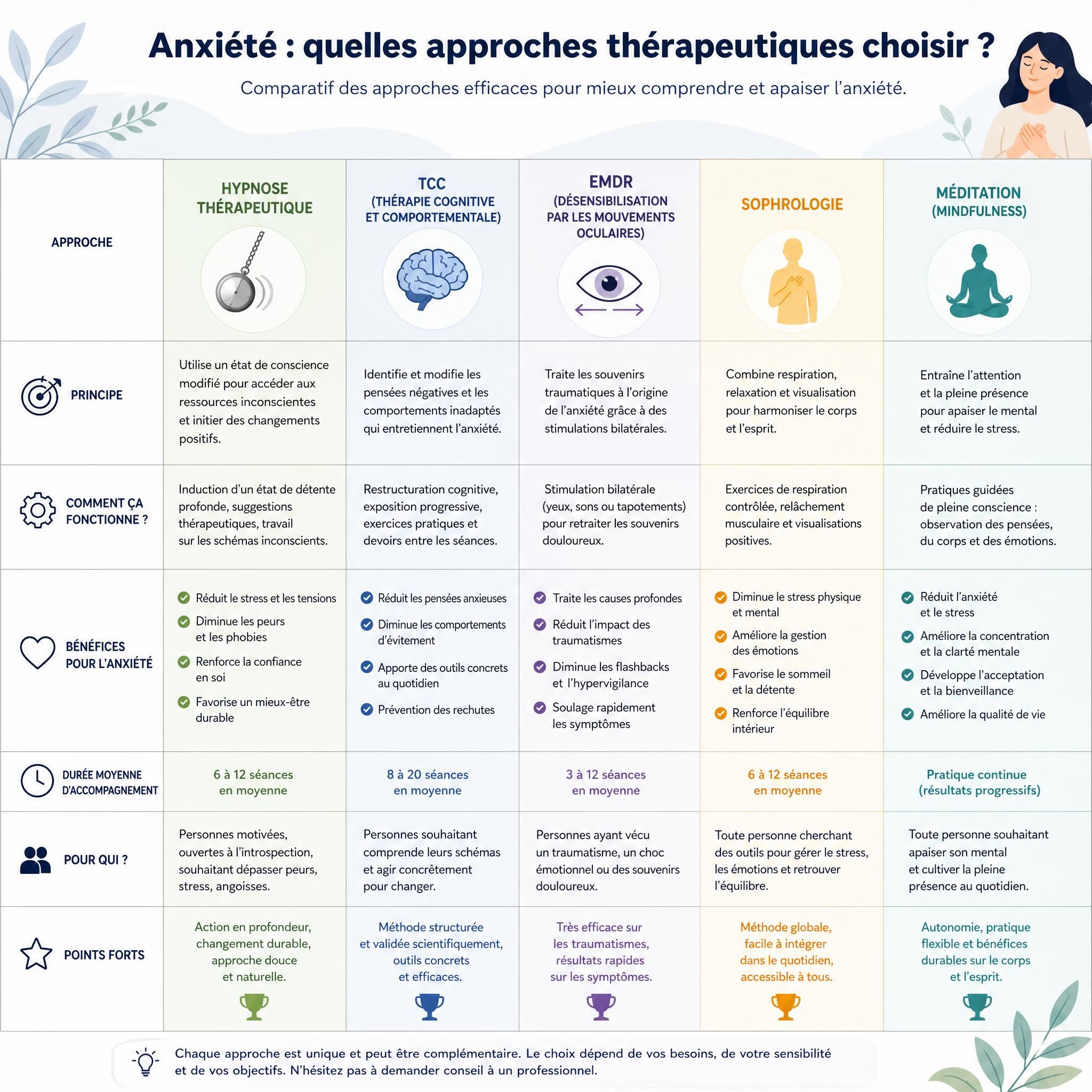 Tableau comparatif illustré des différentes approches thérapeutiques pour l'anxiété — hypnose thérapeutique, TCC, EMDR, sophrologie, méditation