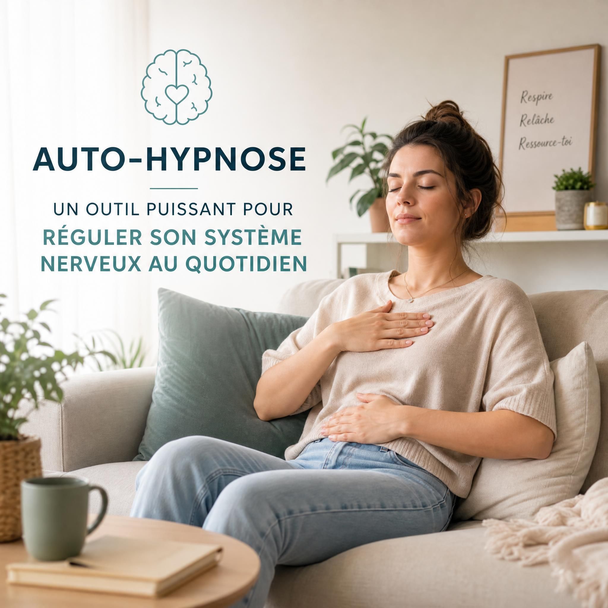 Femme pratiquant l'auto-hypnose chez elle, position détendue sur un canapé, ambiance lumineuse et sereine, symbolisant la régulation du système nerveux au quotidien