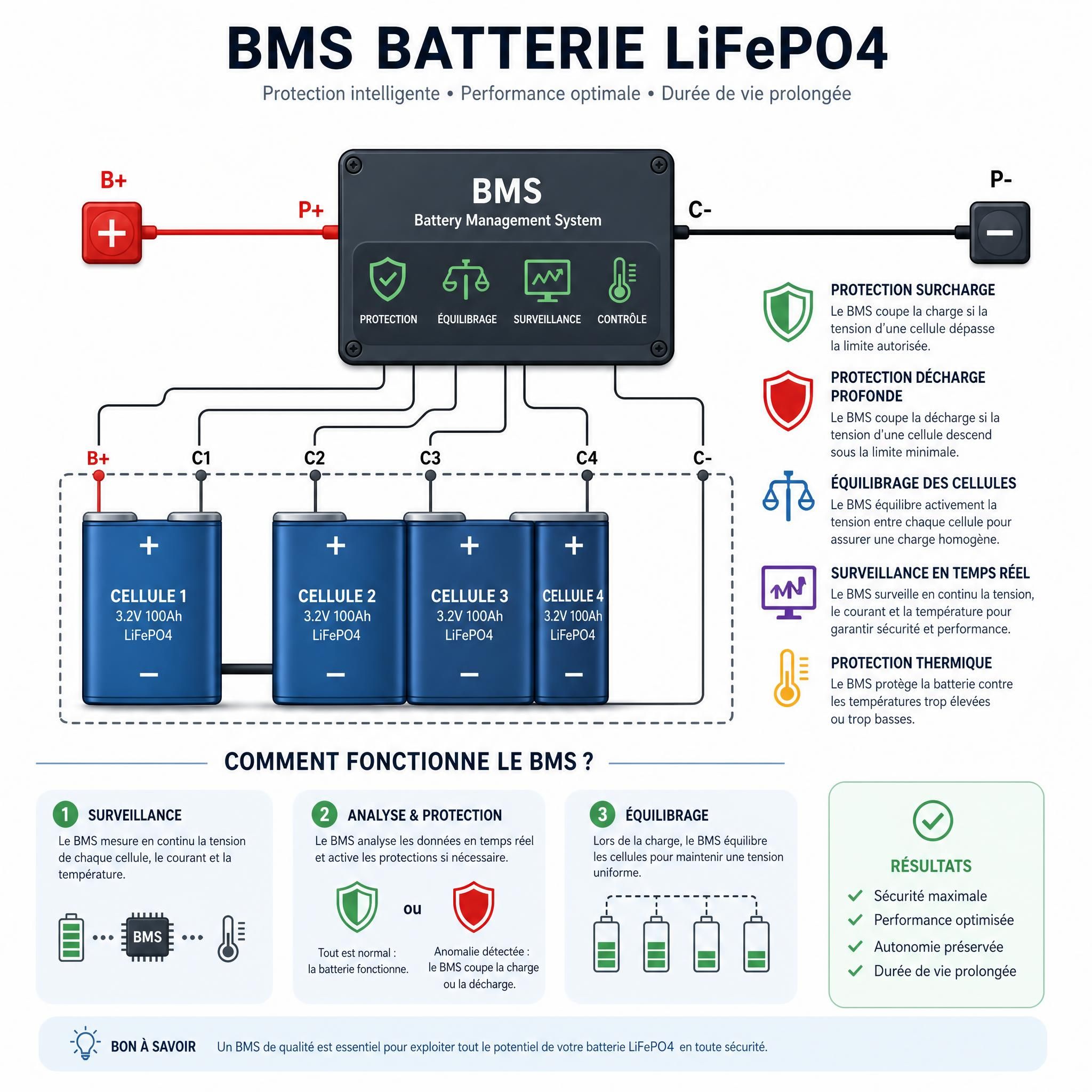 Schéma explicatif du système BMS batterie LiFePO4 avec protection surcharge décharge profonde et équilibrage cellules