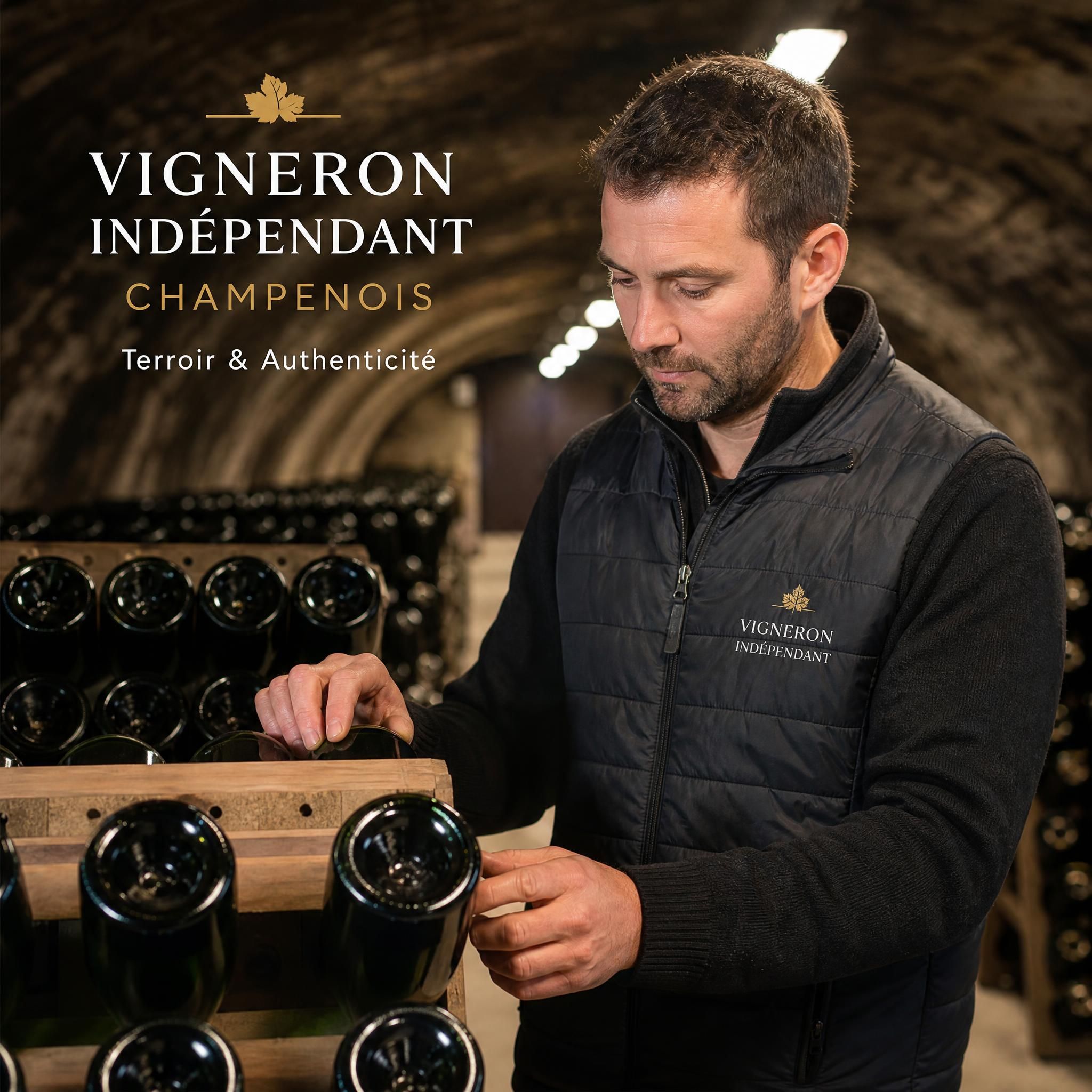 Vigneron indépendant champenois en cave avec des bouteilles en cours de vieillissement sur lattes - terroir et authenticité