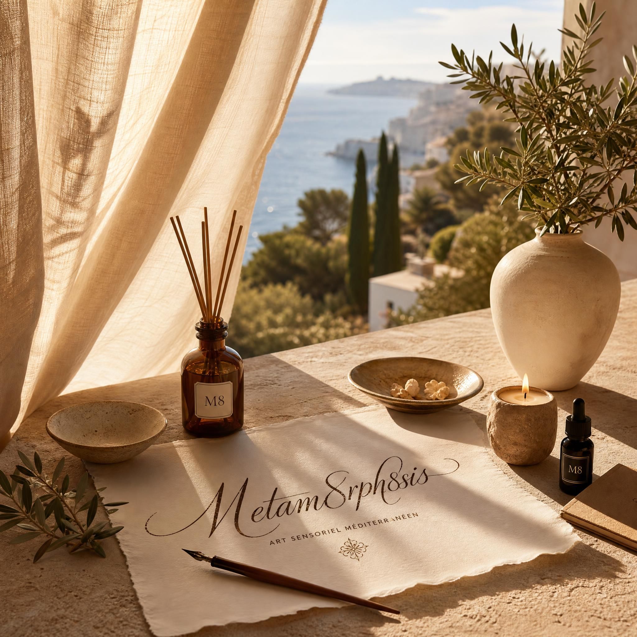 Golden afternoon light filtering through linen curtains onto a calligraphy piece and scented objects on a Mediterranean terrace — art sensoriel méditerranéen Metam8rph8sis