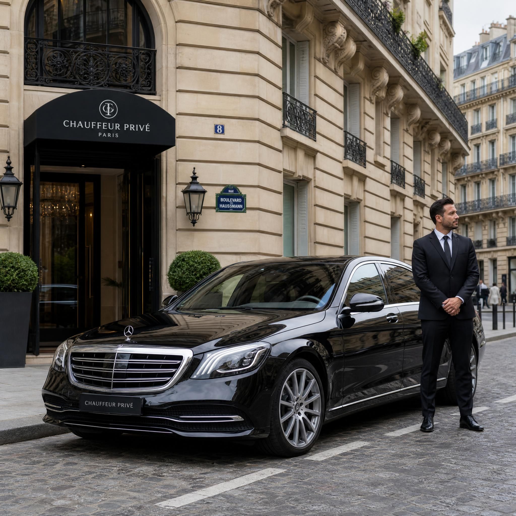 Berline Mercedes noire premium avec chauffeur en tenue professionnelle devant un immeuble haussmannien parisien, service chauffeur privé entreprise Paris
