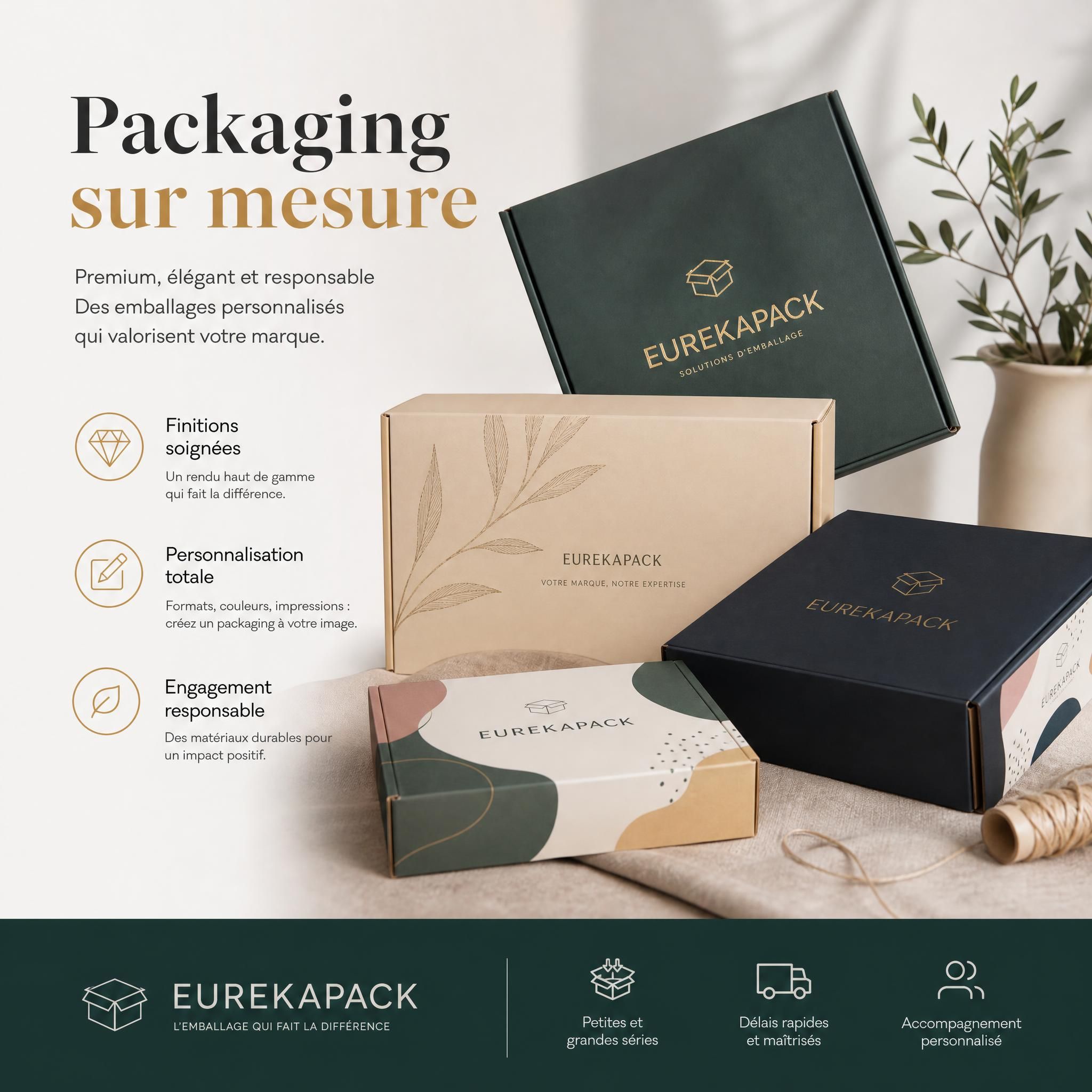 Packaging sur mesure premium avec finitions soignées — boîtes personnalisées EUREKAPACK pour marques et e-commerçants