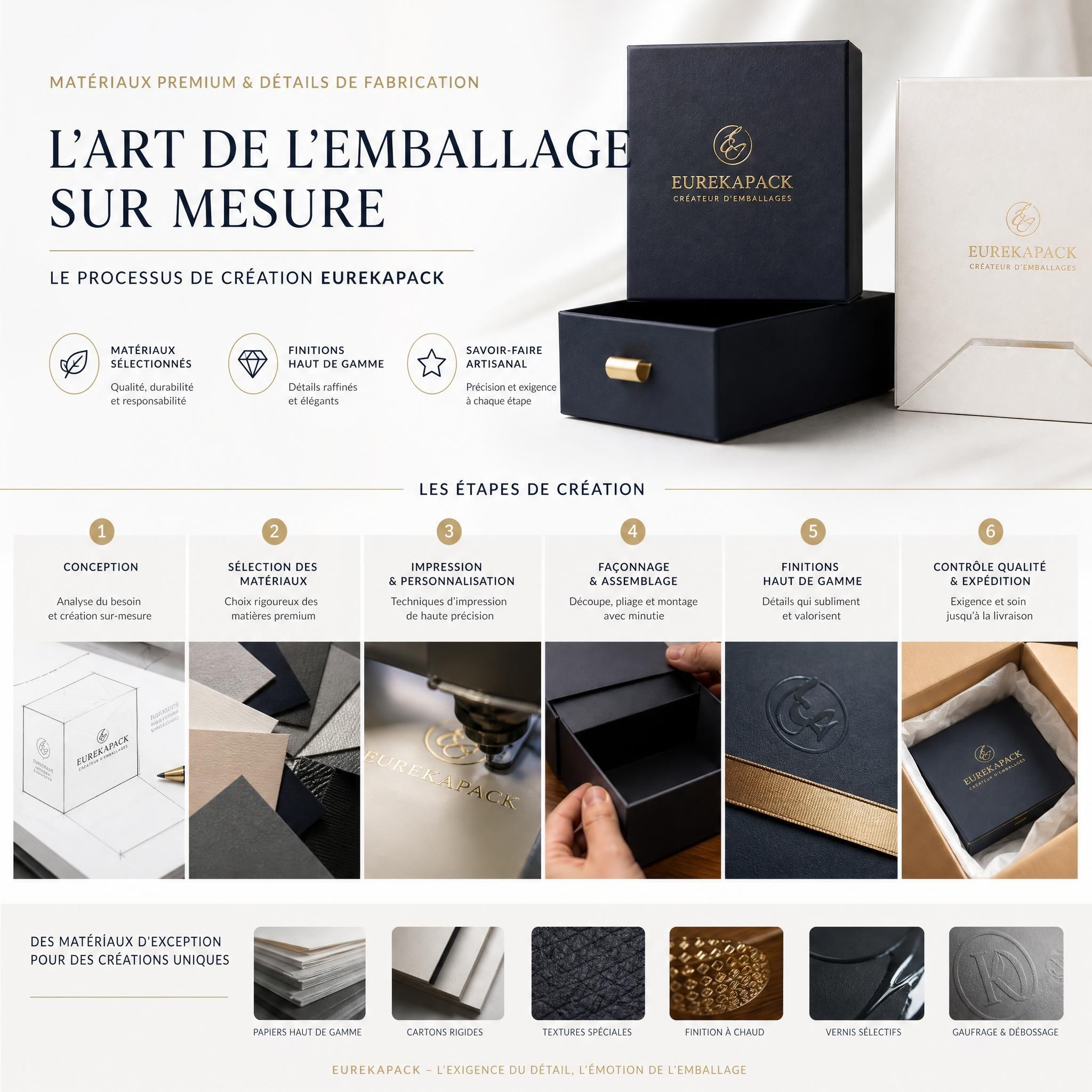 Matériaux premium et détails de fabrication — processus de création d'emballages personnalisés EUREKAPACK, finitions haut de gamme