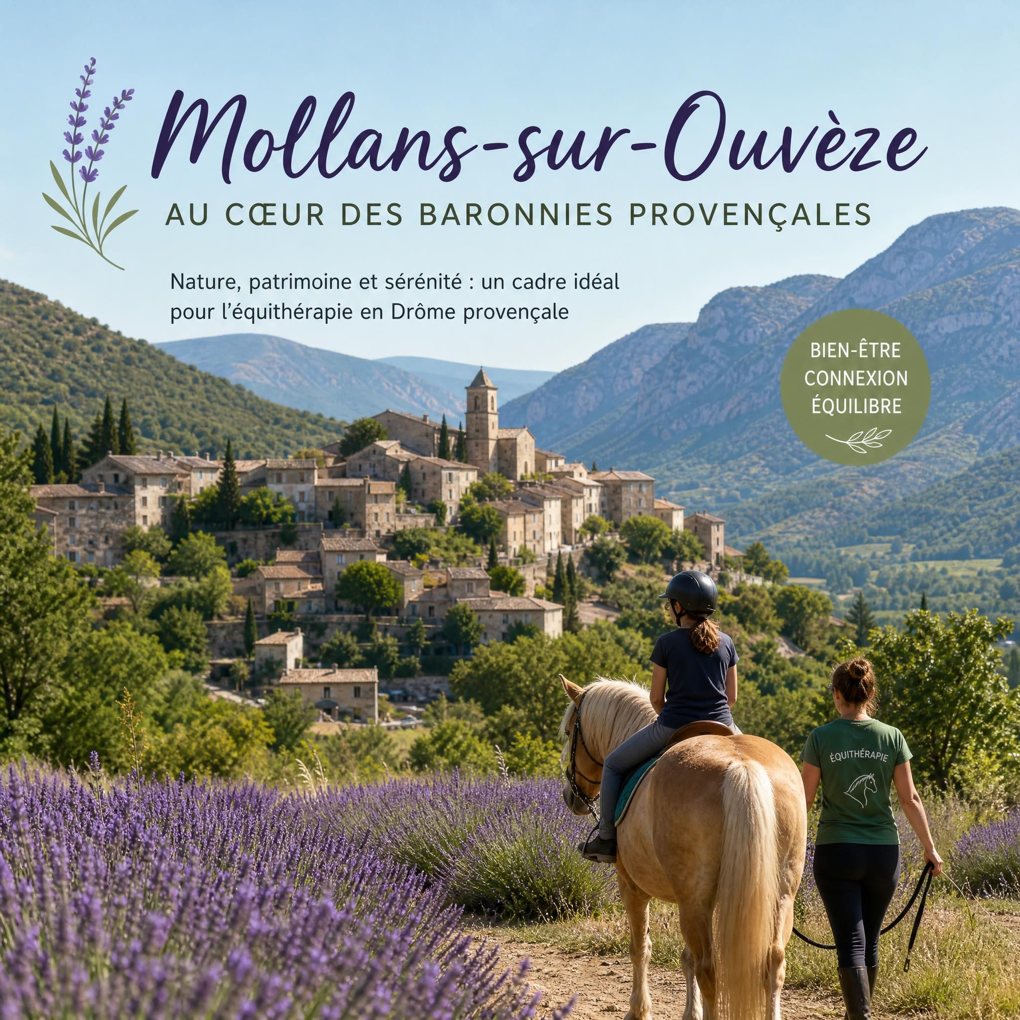 Paysage de Mollans-sur-Ouvèze au cœur des Baronnies provençales, village médiéval entouré de nature et de lavande, cadre idéal pour une séance d'équithérapie en Drôme provençale
