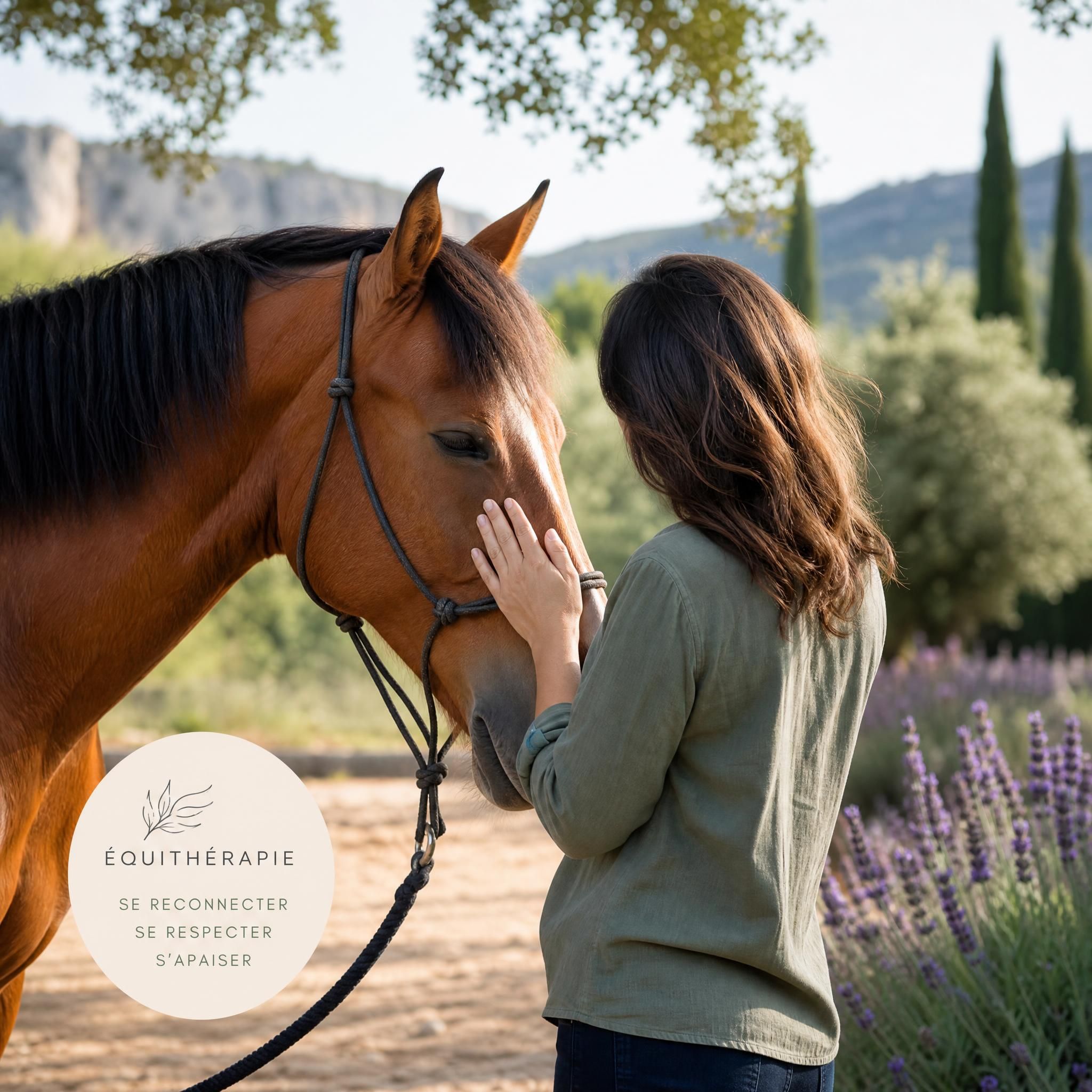 Interaction douce entre une personne adulte et un cheval lors d'une séance d'équithérapie en plein air, dans un cadre naturel provençal, sans visage visible pour respecter la confidentialité