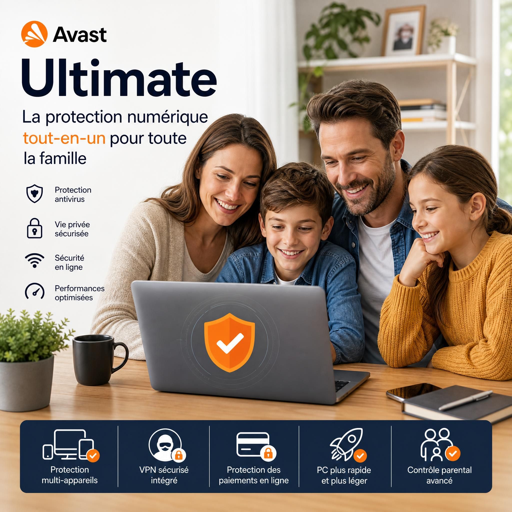 Famille française utilisant un ordinateur sécurisé avec Avast Ultimate, protection numérique tout-en-un