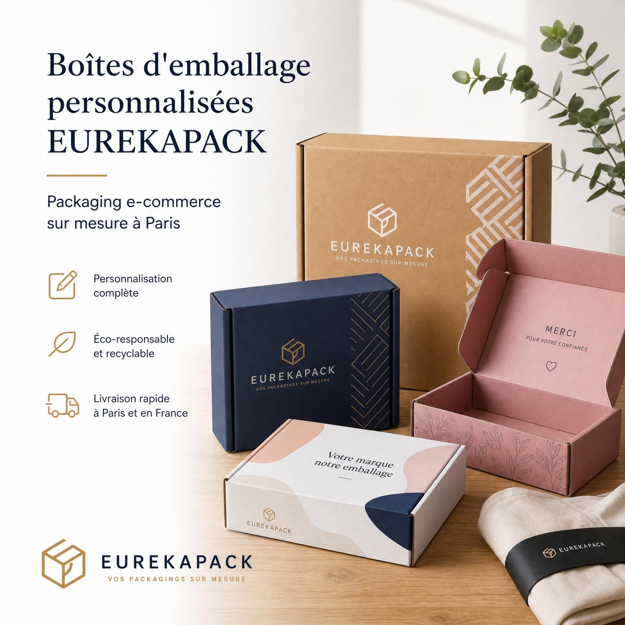 Boîtes d'emballage personnalisées EUREKAPACK avec logo de marque, packaging e-commerce sur mesure Paris