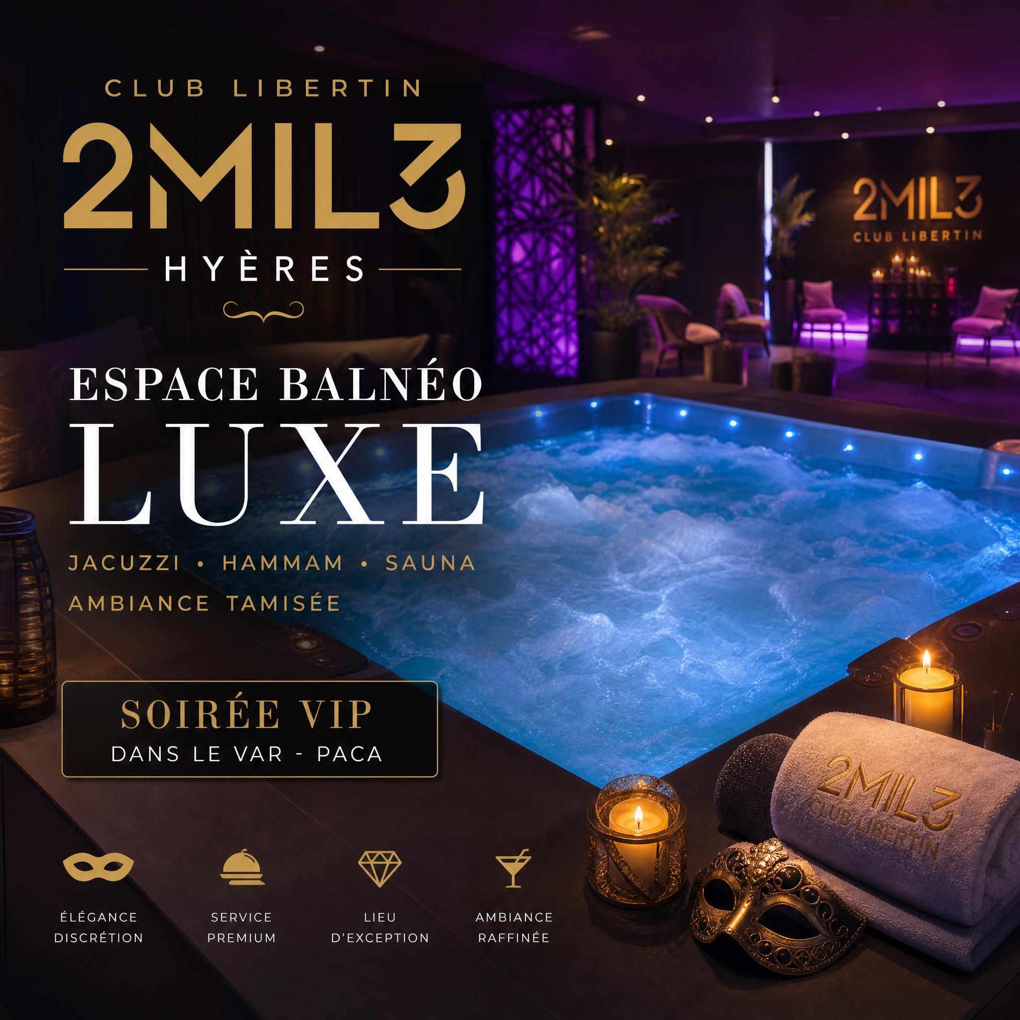 Club libertin 2mil3 Hyères — espace balnéo luxe avec jacuzzi et ambiance tamisée, soirée VIP dans le Var PACA