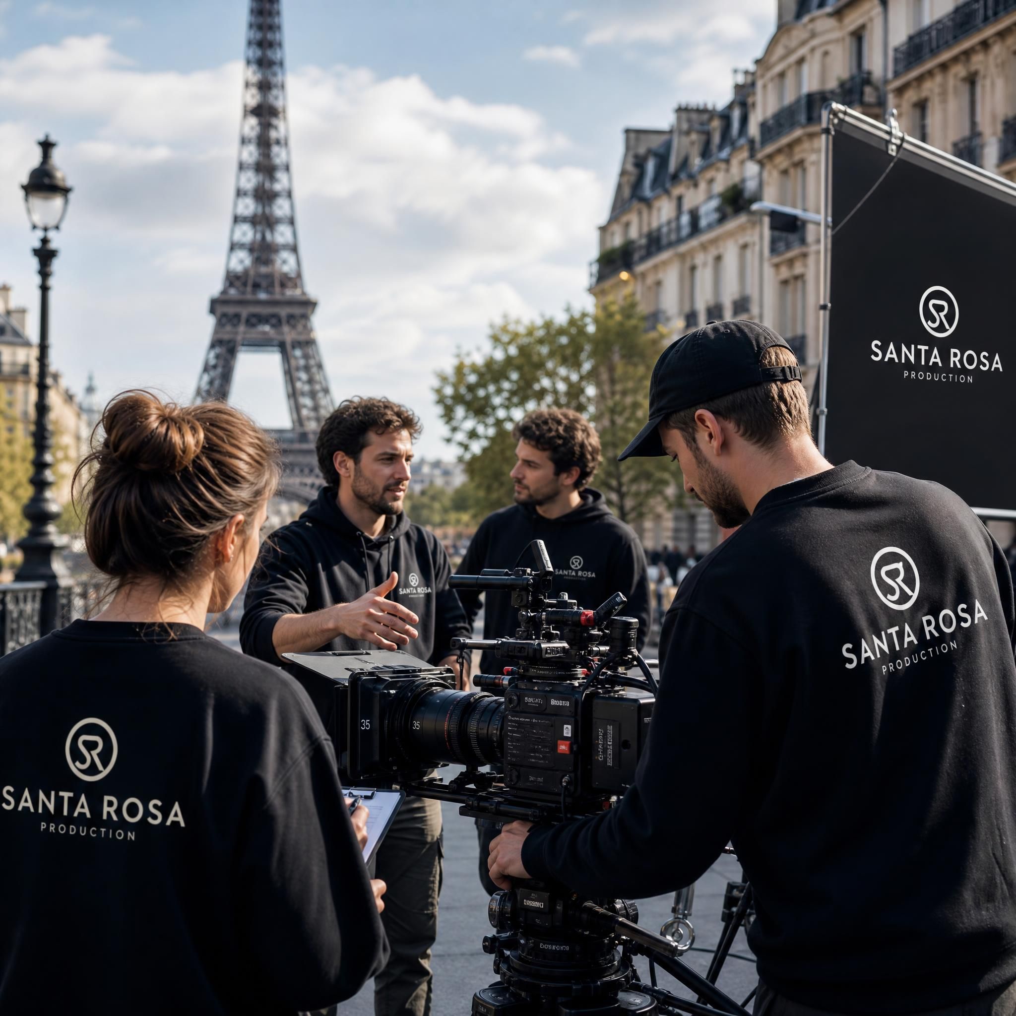 Équipe de Santa Rosa Production lors d'un tournage professionnel à Paris, caméra cinéma en avant-plan avec décor urbain parisien