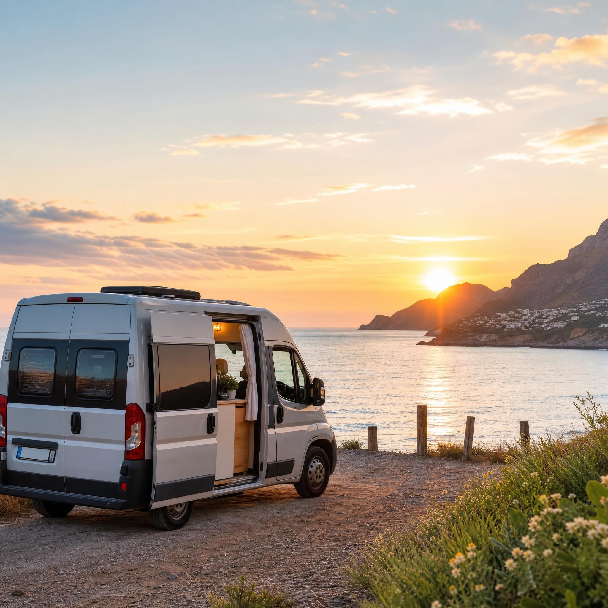 Van aménagé garé face à la mer au lever du soleil en France, road trip liberté nature