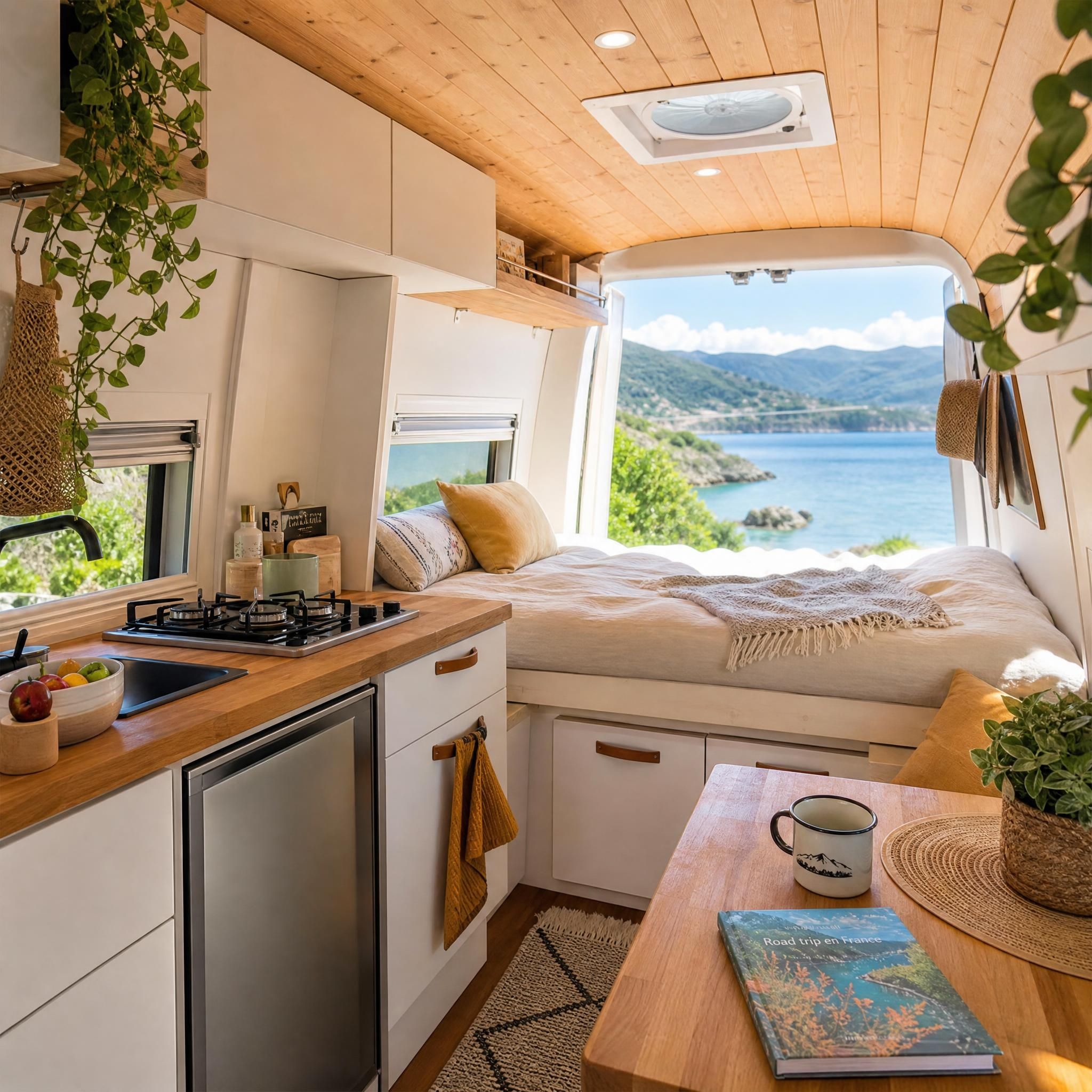 Vue intérieure d'un van aménagé confortable avec cuisine et couchage, van life France