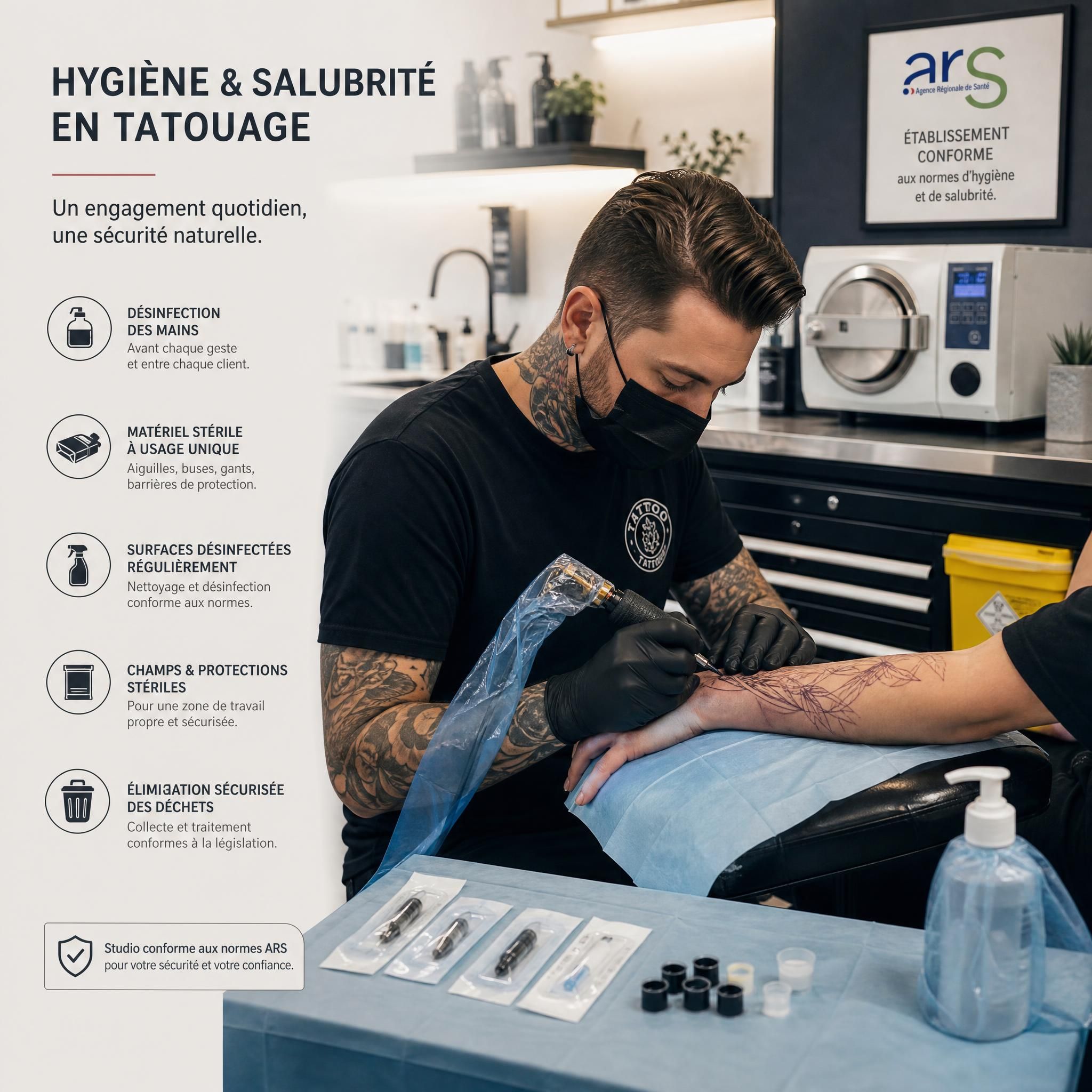 Professionnel du tatouage appliquant les règles d'hygiène et salubrité dans un studio conforme aux normes ARS — matériel stérile, gants, champ stérile