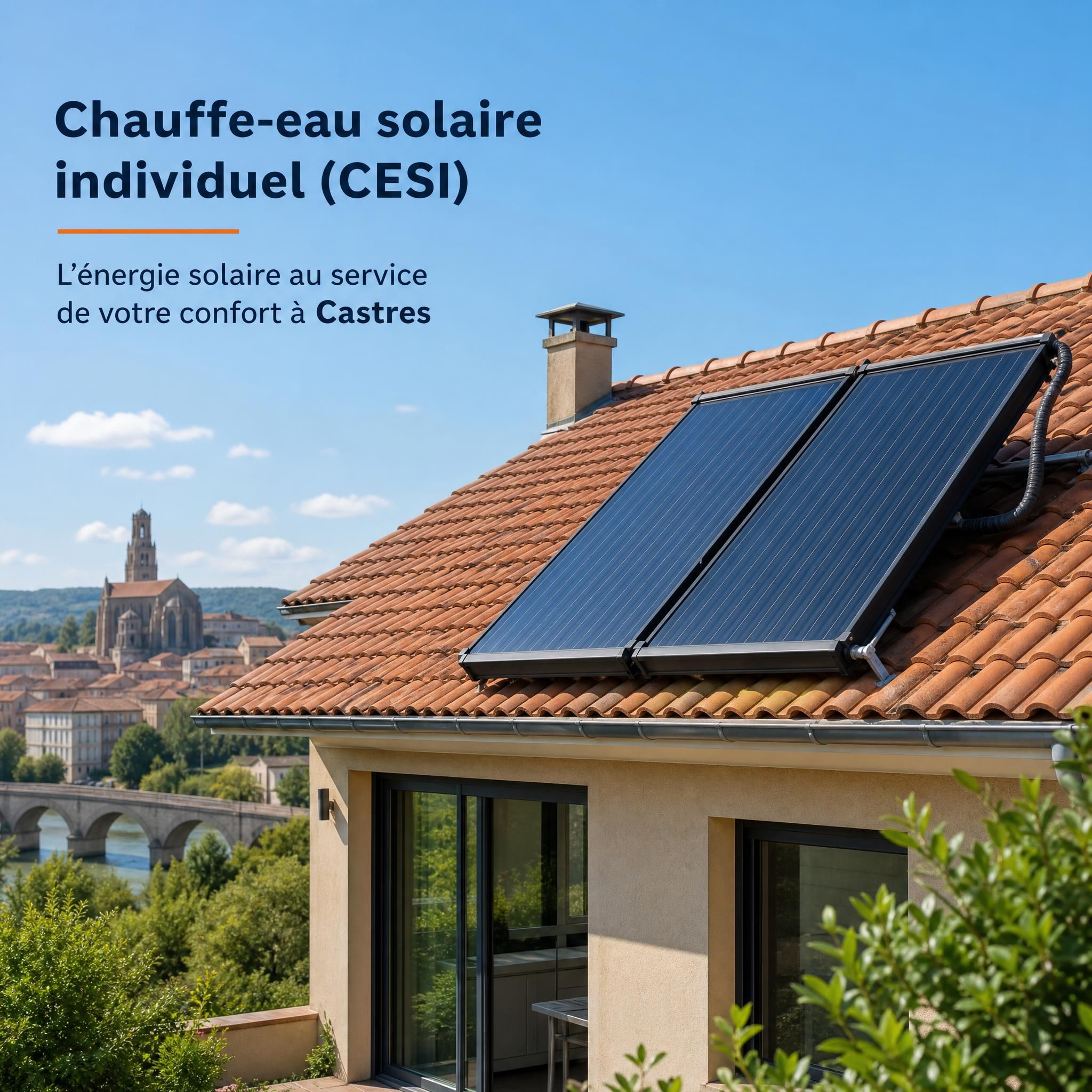 Capteurs solaires thermiques installés sur une toiture inclinée pour un chauffe-eau solaire individuel (CESI) – vue extérieure d'une maison à Castres