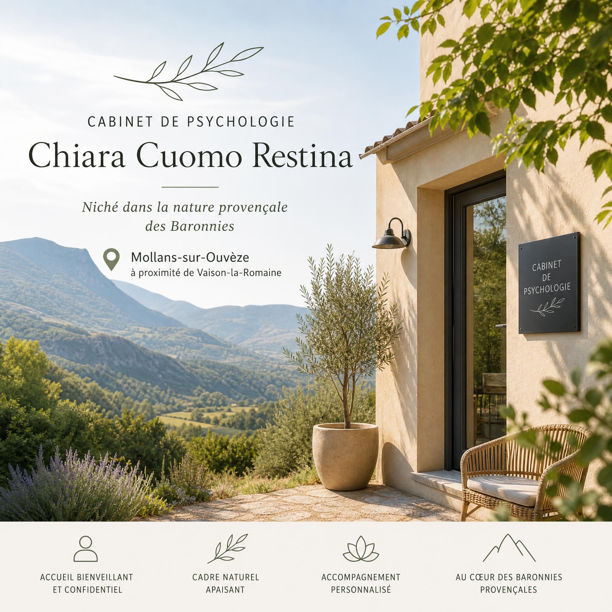 Cabinet de psychologie Chiara Cuomo Restina niché dans la nature provençale des Baronnies, Mollans-sur-Ouvèze, à proximité de Vaison-la-Romaine
