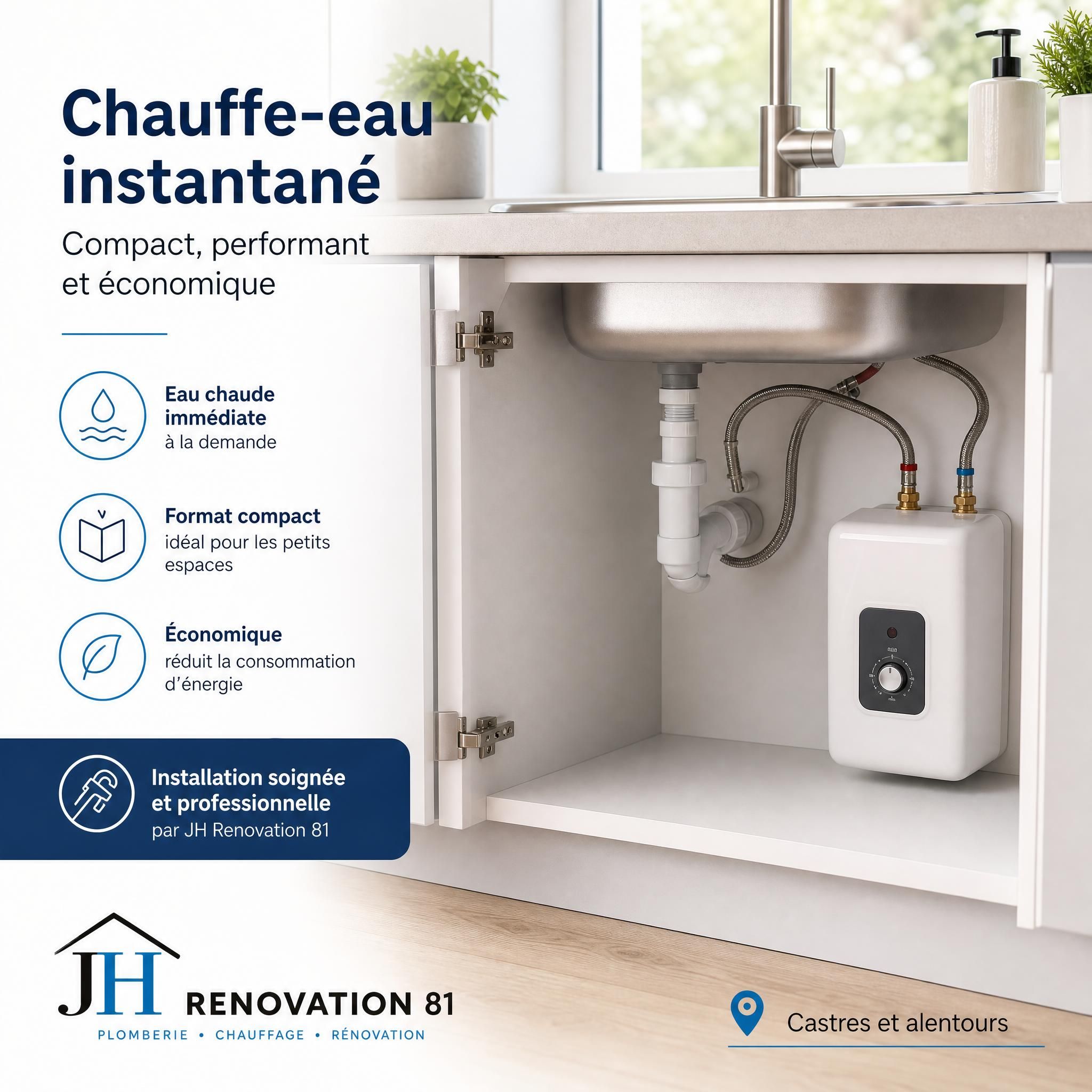 Chauffe-eau instantané compact installé sous un évier ou dans une cuisine – installation de plomberie soignée par JH Renovation 81 à Castres