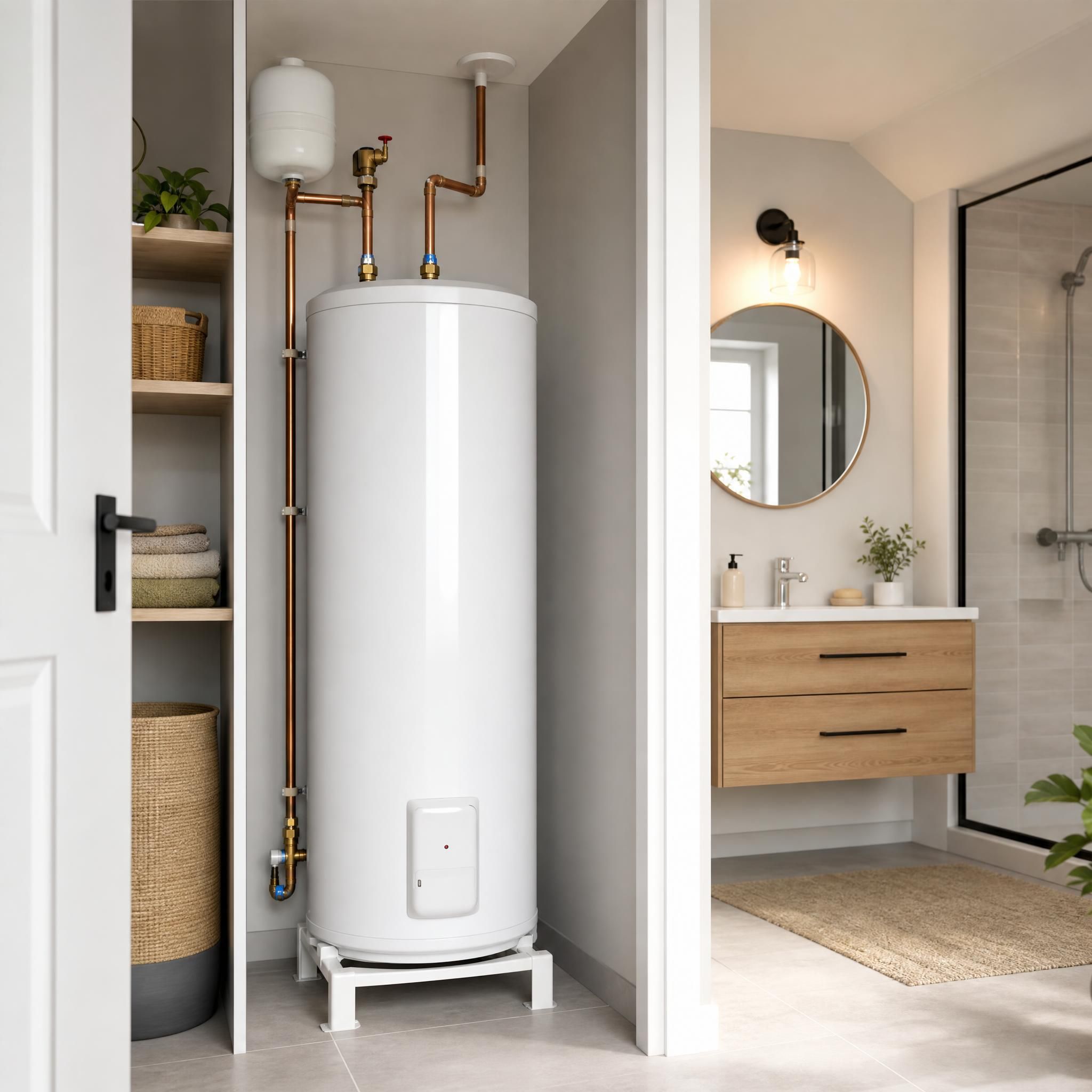 Chauffe-eau électrique à accumulation (cumulus) installé dans un cellier ou une salle de bain – vue de l'installation propre et soignée