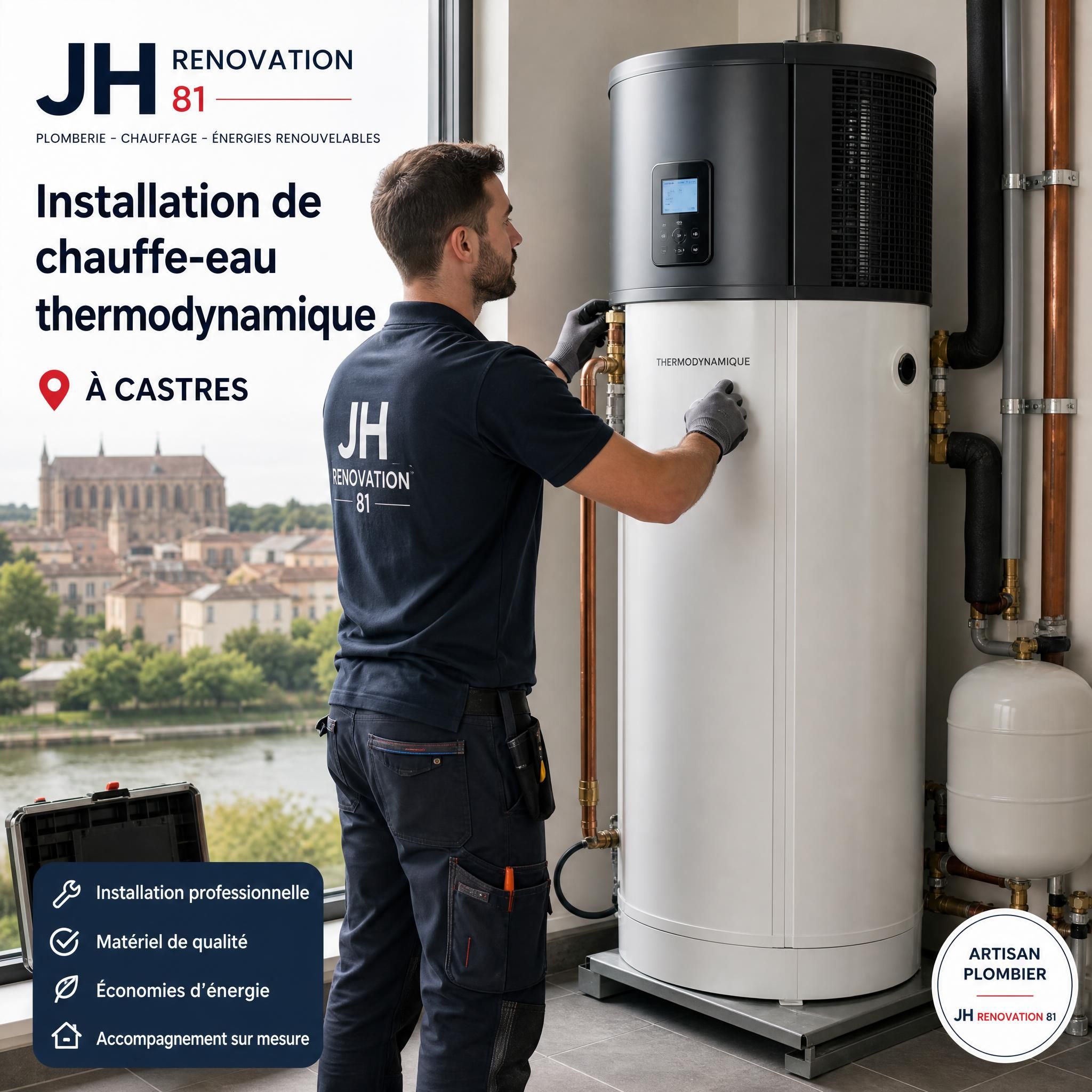 Artisan plombier JH Renovation 81 en train d'installer un chauffe-eau thermodynamique dans une maison à Castres – travail soigné et professionnel