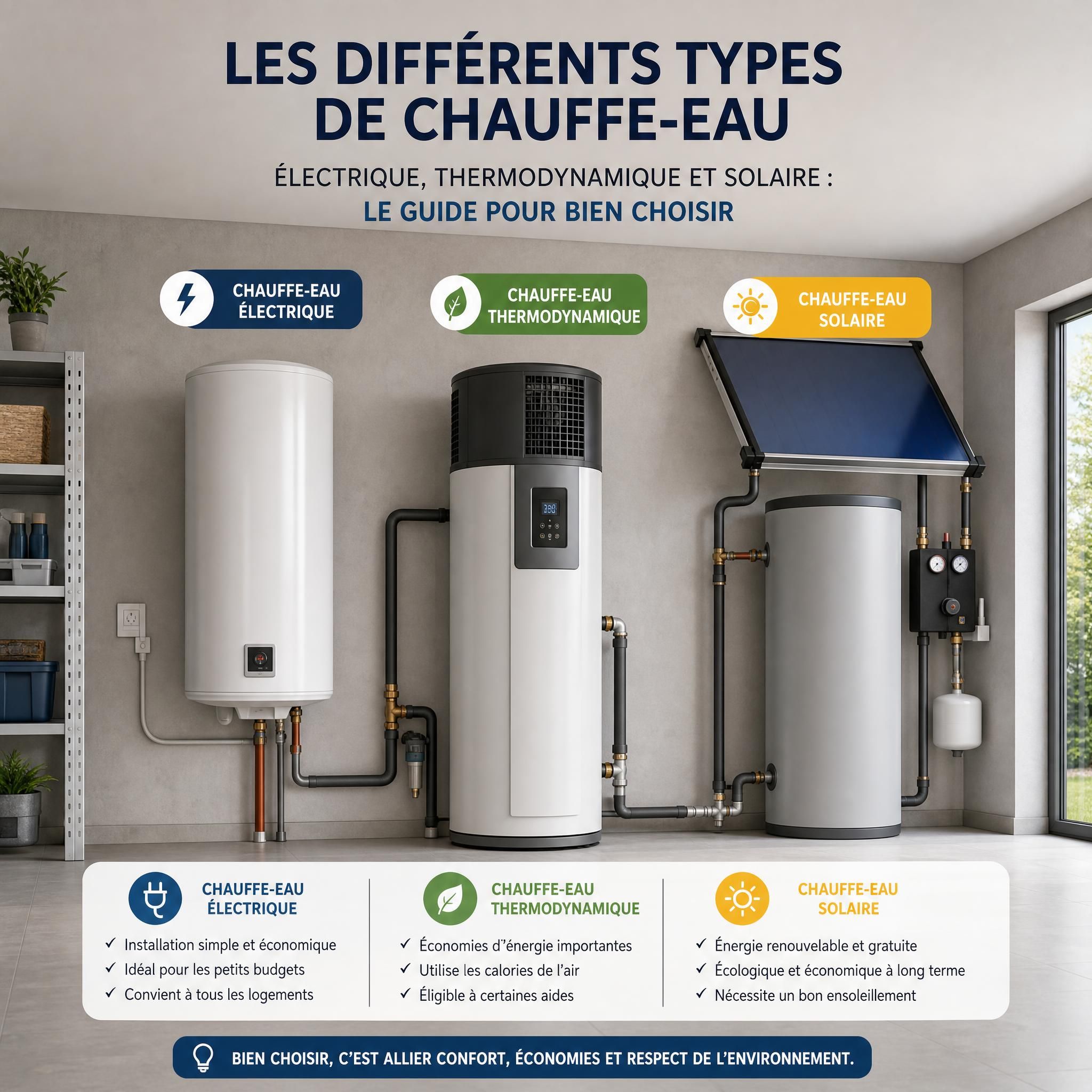 Différents types de chauffe-eau installés dans une salle technique – chauffe-eau électrique, thermodynamique et solaire côte à côte, guide de choix