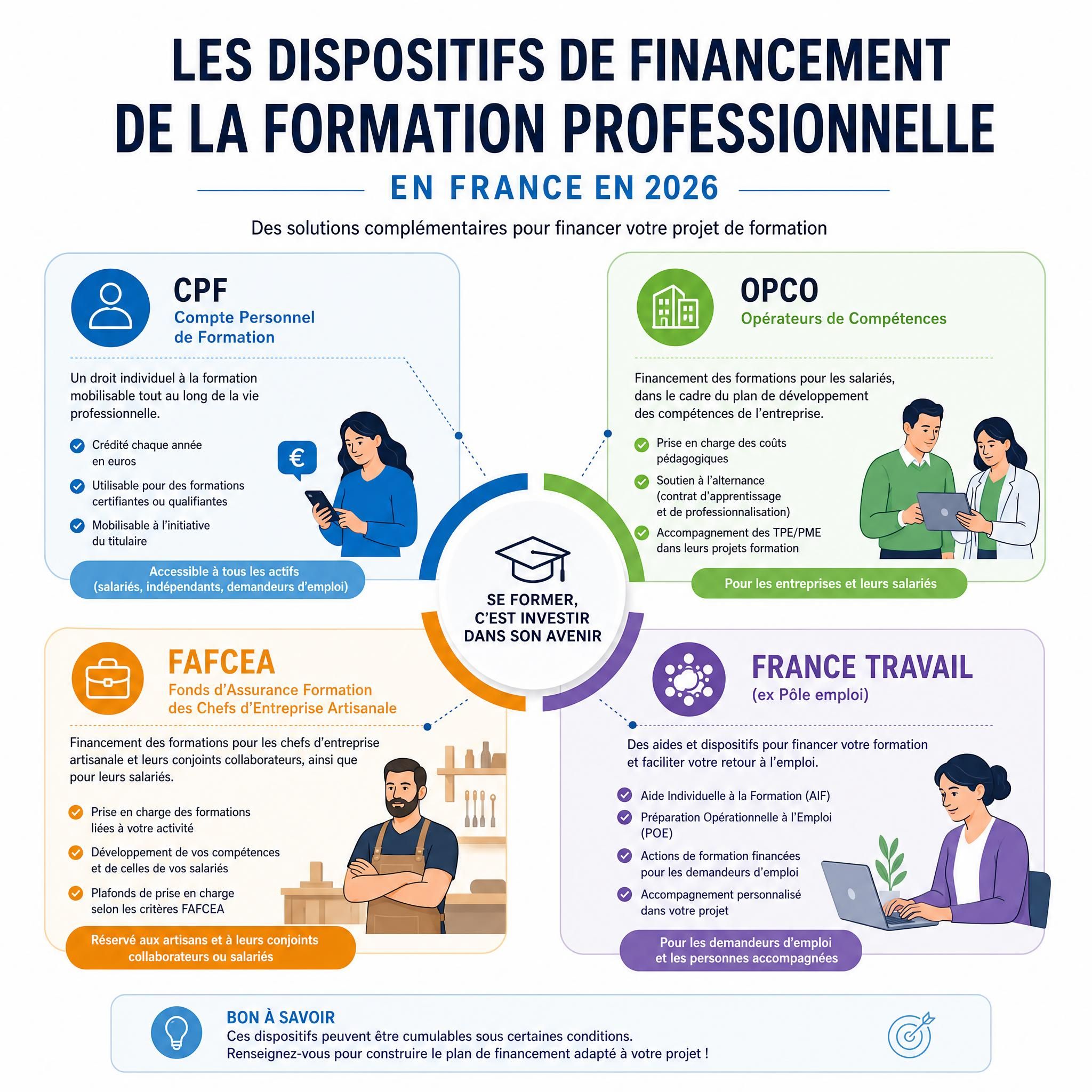 Infographie illustrant les différents dispositifs de financement de la formation professionnelle en France en 2026 : CPF, OPCO, FAFCEA et France Travail
