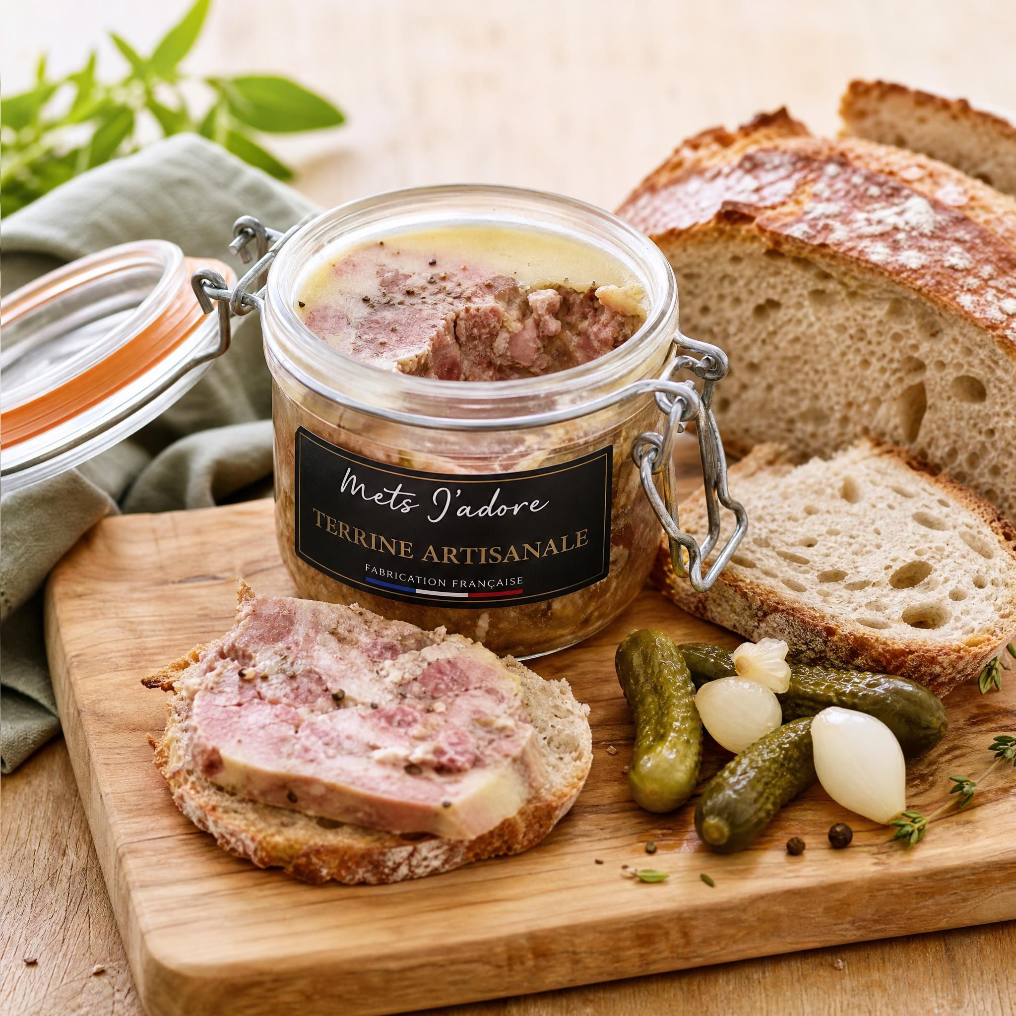 Terrine artisanale Mets J'adore ouverte sur une planche en bois avec du pain de campagne et cornichons, prête à être dégustée