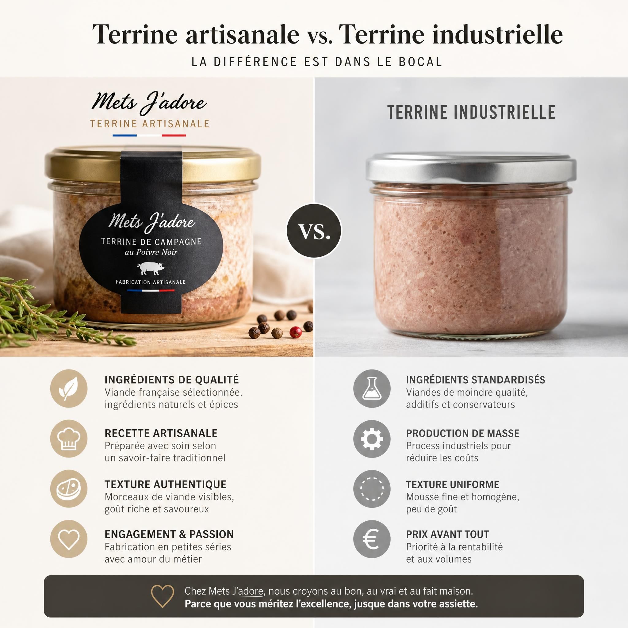 Comparaison côte à côte d'un bocal de terrine artisanale Mets J'adore et d'un pot industriel, illustrant la différence de qualité et d'ingrédients