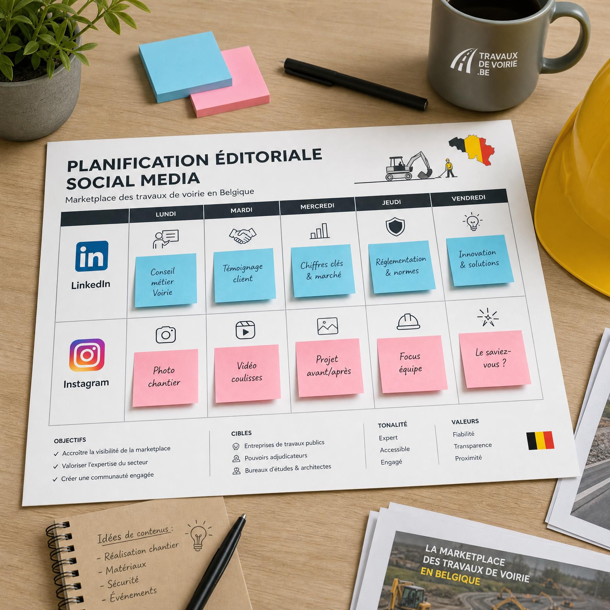 Planning éditorial social media affiché sur un bureau avec post-its LinkedIn et Instagram pour une marketplace de travaux de voirie en Belgique