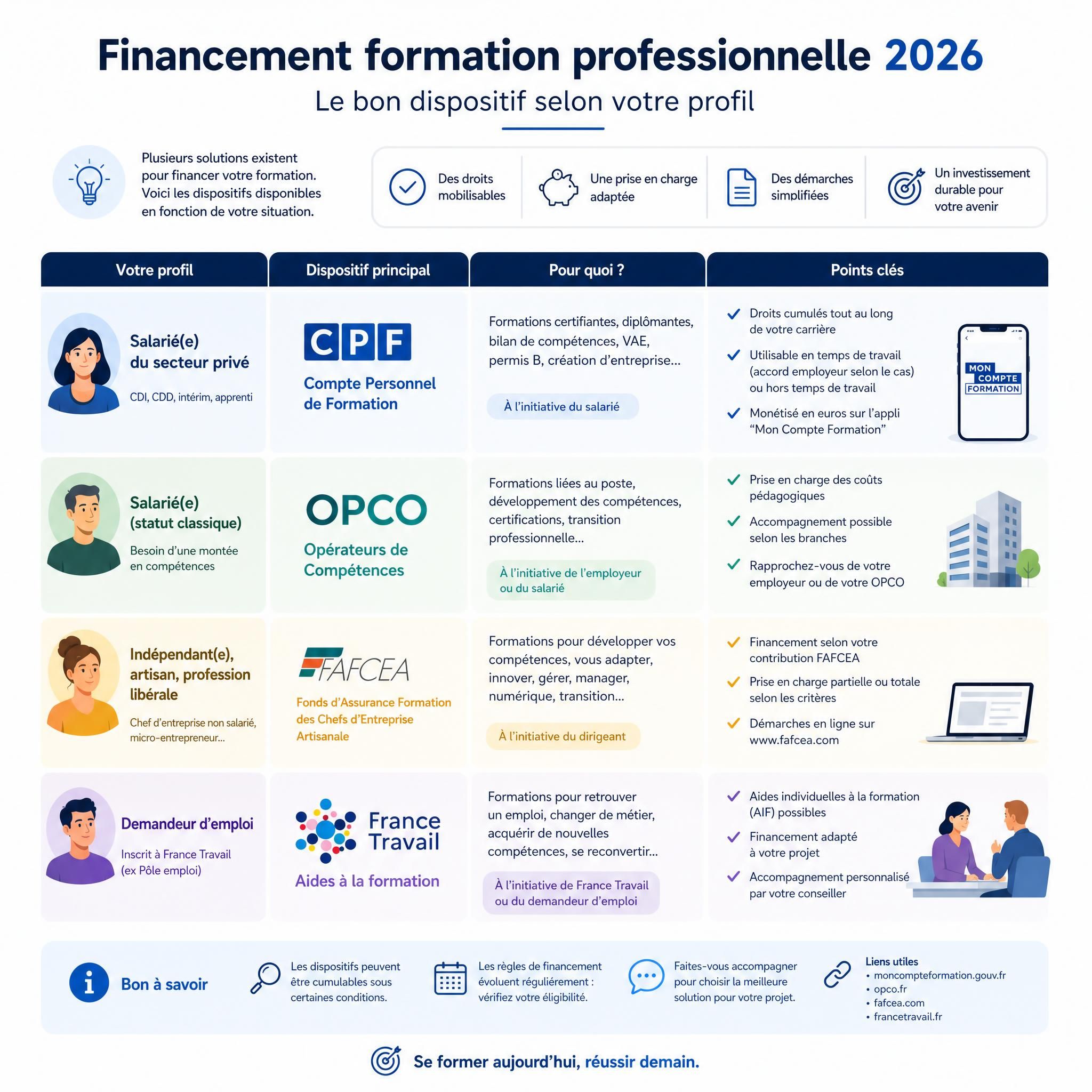 Guide pratique financement formation professionnelle CPF OPCO FAFCEA France Travail 2026 — schéma des dispositifs disponibles selon le profil